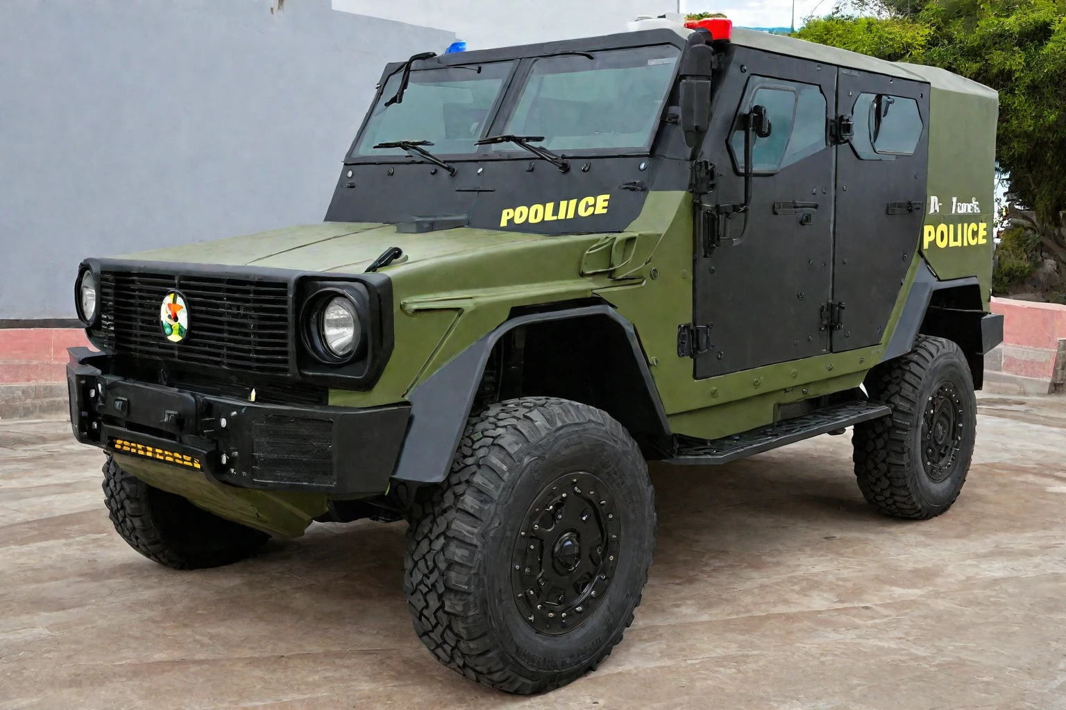 there is a police vehicle  ,camouflage verde y negro,   estacionado sobre una alfombra roja, Military vehicles, completamente blindado, mirada intensa, New vehicle, Equipamiento militar, militaristic, vistas frontales completas, Humvee, vista frontal lateral, obra maestra detallada, by Peter de Sève, policia militar, 2 0 1 4, mirada agresiva, 2024, muy expresivo