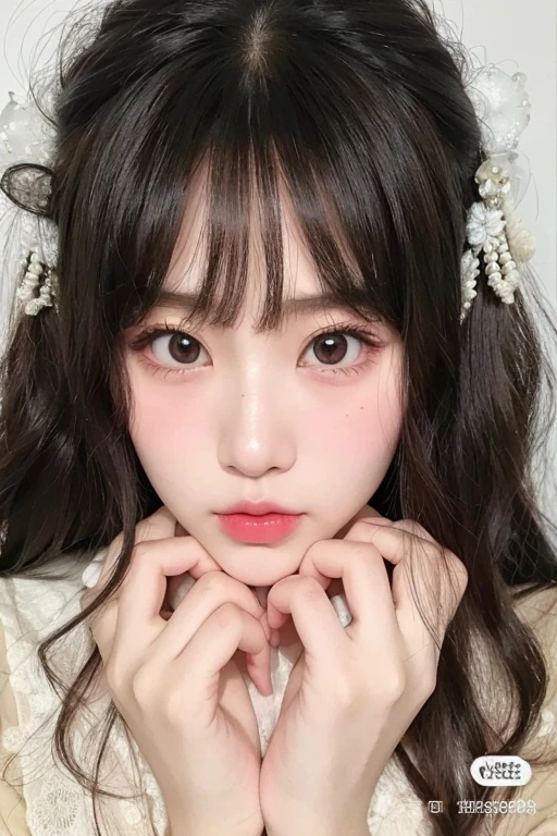 um close up de uma  com uma flor no cabelo, maquiagem sul-coreana popular, retrato realista kawaii, maquiagem coreana popular, rosto de anime natural fofo, Ulzzang, linda garota kawaii, com lindos olhos apaixonados, cara de boneca chinesa, beautiful aesthetic face, linda cara de anime, Sakimichan, Korean symmetrical face, adorable and pale korean face