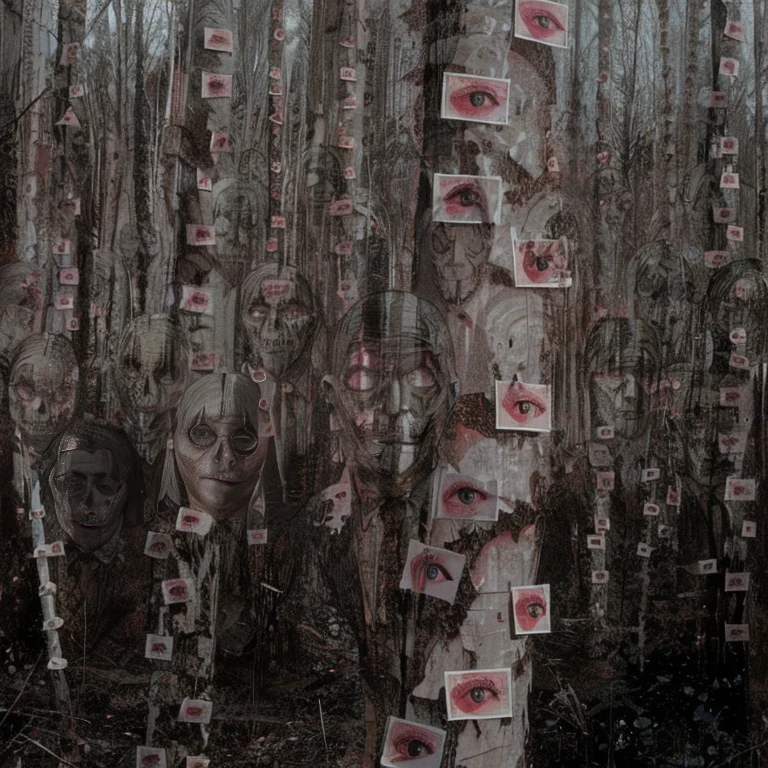 Gloomy Colors, People in black suits, cult, Dark religion, scary, people in scary masks look at the camera, Horror, art, Drawing