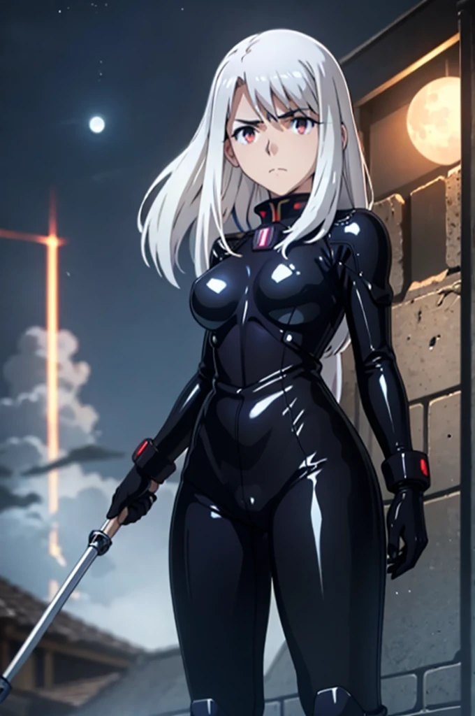  illyasviel_von_einzbern in the style of evangelion, shiny_skin, (clothe inspired by evangelion, aliens, gunbuster, gunnm, metal gear, death stranding), impossible_clothes, bodysuit, white & red bodysuit, suit, pilot suit, jumpsuit, plugsuit, armor, shiny_clothes, jacket, cybernetics suit, gloves, gainax anime style, studio gainax art, studio gainax illustration, inspired by Masamune Shirow, studio gainax, big breasts, two_side_up, full body, can't be this cute, girl on top, long_hair, white_hair, silver_hair, floating_hair, hair_between_eyes, asymmetrical hair, red_eyes, looking_at_viewer, outdoors, holding, holding_weapon, Spear of Longinus, cowboy_shot, background, glowing, moon, red, red moon, full_moon, moonlight, star_(sky), night, city, building, cityscape, science_fiction, ((mature female, mature, milf)), 