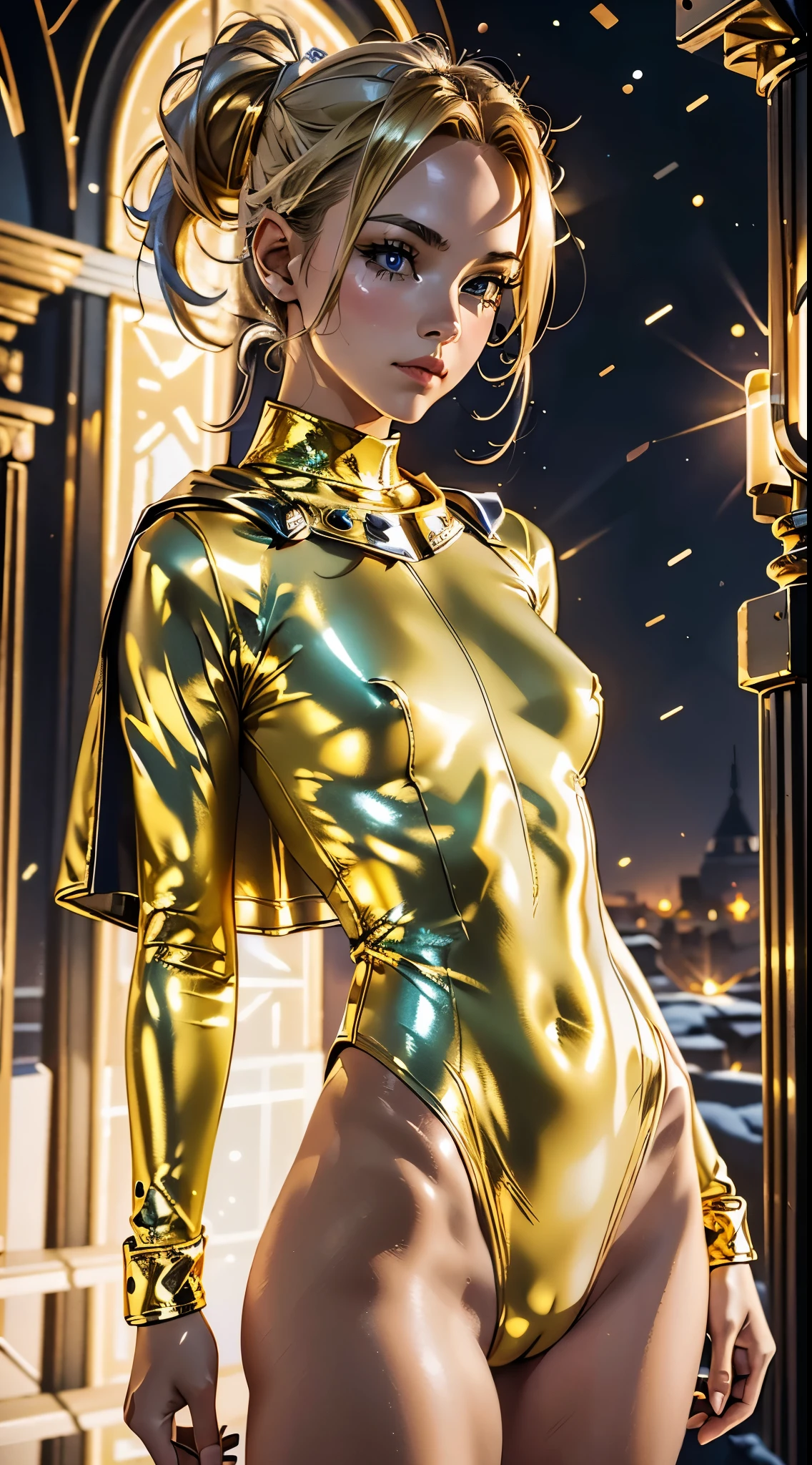 In a Cinematic Photography style, full body. European girl,  blonde, slender hips, athletic. looking directly at the camera, realistic skin texture, sporting a rebellious hairstyle. sporty ponytail. (((reflective metallic golden leotard))), (Cameltoe). (Snow-white Cape.) Matching reflective metallic golden boots. seduction, thin body, slender hips. perfect body, highly detailed, 8K resolution, ultra realistic, Gothic, fantasy, Divine, Clean, Rich, prestige, Fantastic, supreme, apex, Supreme, Goddess. (Scifi neon background). soft lighting