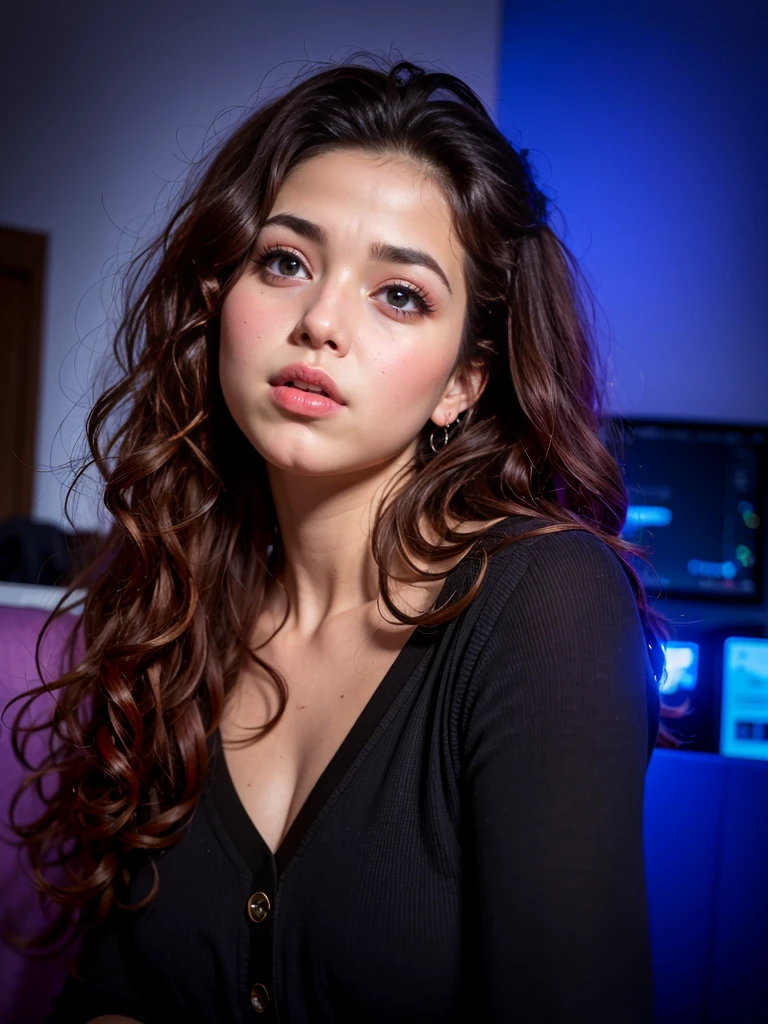 labios ligeramente abiertos, arafed woman with long curly hair and a black top, with curly red hair, girl portrait, curly red hair, messy curly hair, red curly hair, thick red lips, portrait shot 8 k, soft portrait shot 8 k, curly haired, red cheeks, pouty lips, small and thick red lips, thick lips, looking to the side off camera, russian girl, green eyes, green pupiles, mirando al espectador, mirando la camara