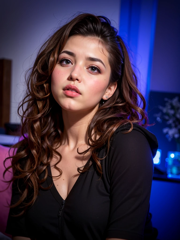 labios ligeramente abiertos, arafed woman with long curly hair and a black top, with curly red hair, girl portrait, curly red hair, messy curly hair, red curly hair, thick red lips, portrait shot 8 k, soft portrait shot 8 k, curly haired, red cheeks, pouty lips, small and thick red lips, thick lips, looking to the side off camera, russian girl, green eyes, green pupiles, mirando al espectador, mirando la camara