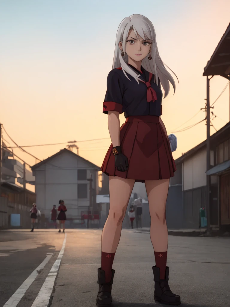 cartoon, sukeban illyasviel_von_einzbern, mature_female, silver hair, holding yoyo, combat pose, full body, flowing hair, hair between the eyes, asymmetrical hair, red eyes, delicate facial features, sukeban deka clothe, looking_at_viewer, outdoors, background tokyo, ((solo girl:1,5))+++++,woman in a 80's sukeban seifuku standing on a set of strees, black , 80's japanese sukeban photo, sukeban seifuku, 80's japan, sukeban, long black skirt, red converse, full body, light skin tone female, full body, tape, arm_support, gloves, red_gloves, bridal gauntlets, blackred_footwear, fighter outfit, full body, hourglass, mature face, cheeky smile, cheeky face, wrinkles,( silver long hair, earrings, ear piercings), (fighting art, Martial arts, standing, fighting_stance, fight, fighting), extra colors, 2D, megapixel, perfectionism, accent lighting, full HD , 4K, masterpiece, empty red eyes, extra colors, 2D, megapixel, perfectionism, accent lighting, full HD , (Masterpiece:1.2), (full-body-shot:1),(cowboy shot:1.2), (Highly detailed:1.2),(anime Detailed Face:1.2), Colorful, A detailed eye, (Detailed landscape:1.2), (natural lighting:1.2), ((sukeban school teacher)) by Vincent Di Fate: Aidyllery, Anamorphic Shot, rule of thirds, face by Artgerm and WLOP, ((street of rage 4 city backround)), fictive city backround in the style art of street of rage 4,