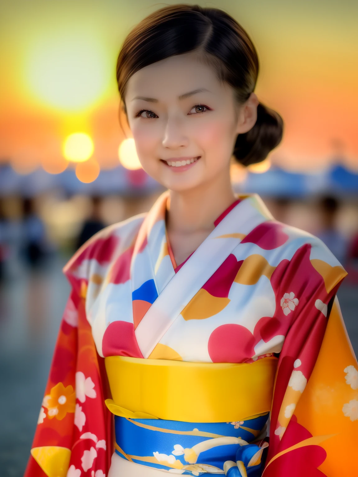 (Chiaki), (((highest quality, 8K, masterpiece))), sharp focus, (beautiful woman with perfect figure), thin, (hairstyle: superior)), ((kimono: cane)), street: 1.2 Highly detailed face and skin texture Detailed eyes double eyelid Random posture, (smile),ssuperiorer cute Japan person,ssuperiorer beauty Japanese girl, realistic face, double eyelid,smile,Summer festival , at sunset ,fireworks background.