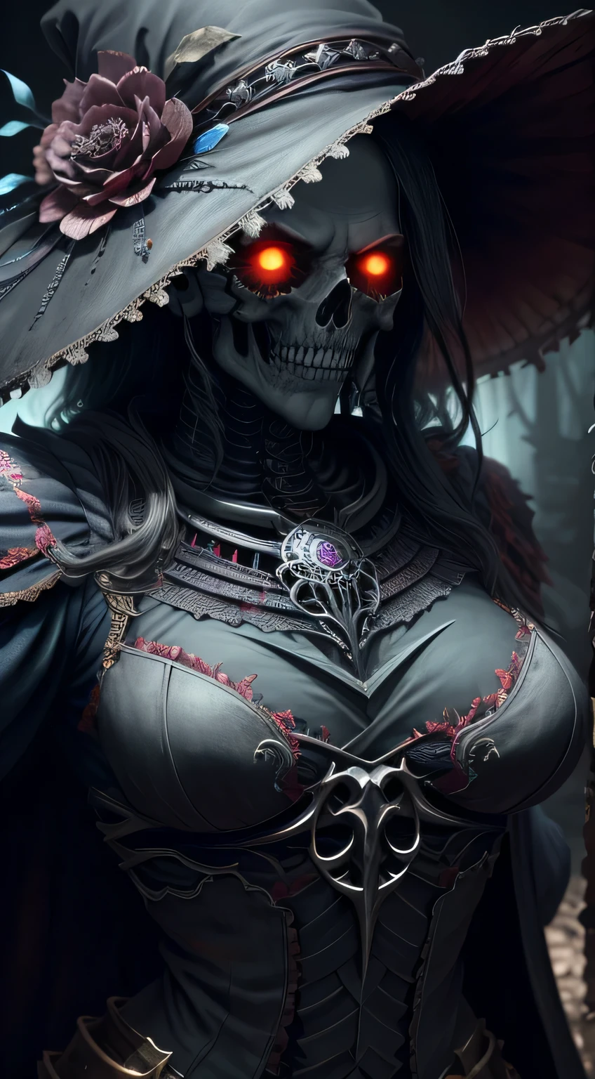 They have robust skeletal bodies, reinforced by black magic, with bones that glow with a dark energy. Their eye sockets emit a spectral glow, and their armor and weapons are made of black metal or enchanted bones, reinforcing its intimidating appearance.