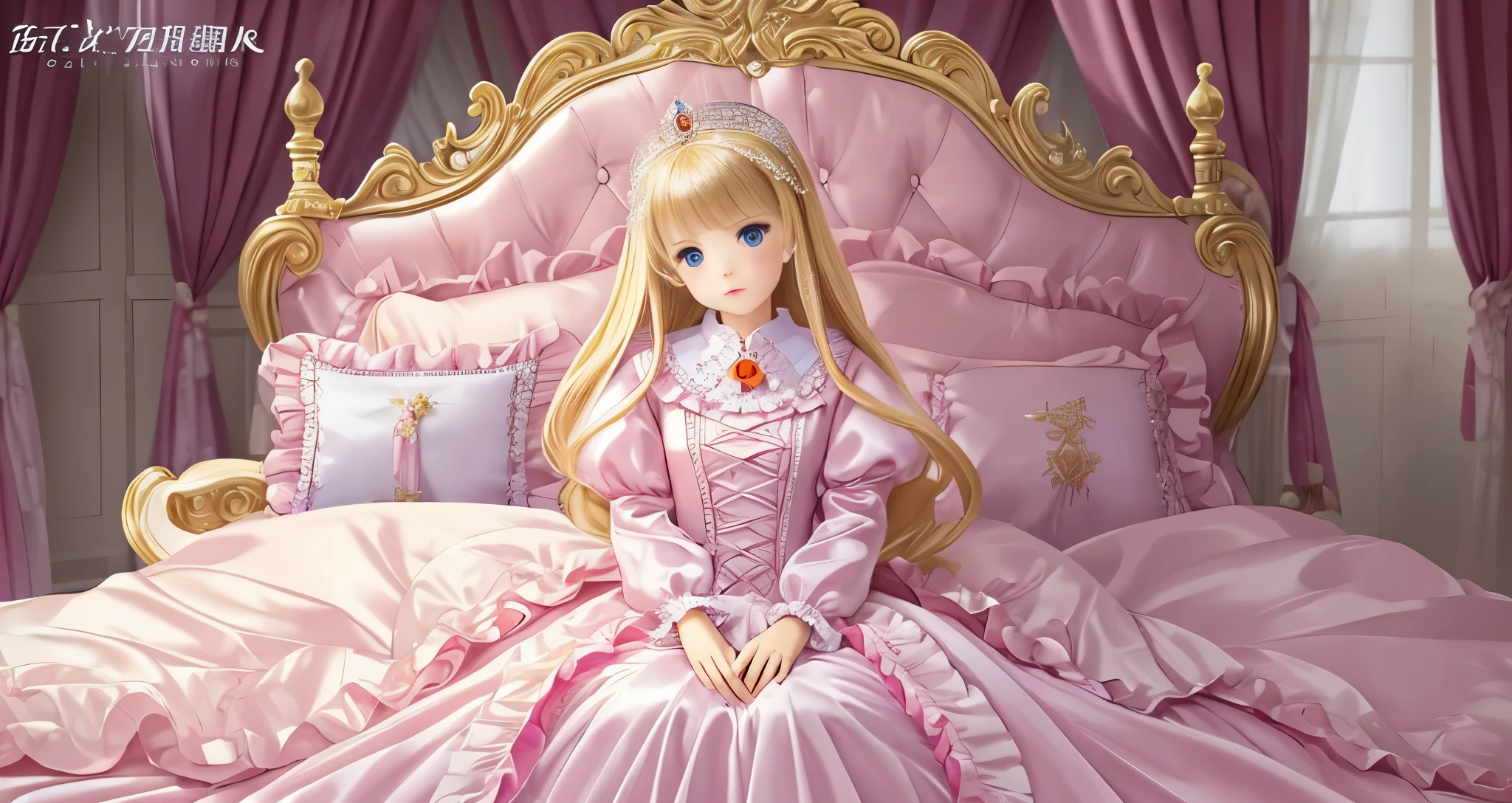 ,highest quality, masterpiece, highest resolution, artwork, super それにget used to it, many get used to it, get used to it, それにget used to it, 3K ultra-high resolution realistic photos,,(( When I was 10 years old)),Super detailed baby face,She is a princess,Full length ball gown dress with hoop skirt,ruffled yoke collar,puff sleeves,long sleeve,((lolita style hot pink princess satin dress、Comes with lots of frills and ribbons。)),colorful rococo fashion,shiny satin dress,Soft and smooth fabric,luxury,long blonde hair,blue eyes,white skin european,pajamas,((inside the palace)),,,(( When I was 10 years old)),Super detailed baby face,Full length ball gown dress with hoop skirt,long skirt,ruffled yoke collar,puff sleeves,腰まで伸びるlong blonde hair,blue eyes,white skin european,pajamas,((inside the palace bedroom)),ピンクのシルクサテンのluxuryなcanopy bedの上,canopy bed,luxurious curtains under the canopy,many frilly pillows on the bed,super detailed background,detailed bed,silk satin bed sheets,soft silk satin comforter,Soft silk satin ruffled pillow in pastel colors,little princess is sitting on the bed,large ball gown dresses that completely cover the legs,legs are hidden in the dress,Don'put your legs out to the side,Beautiful girl illustration,beautiful detailed face、detailed hair,detailed human eye ,detailed mouth, arm details,fine hands,Detailed pillow,Frilly pillows piled up behind the girl,