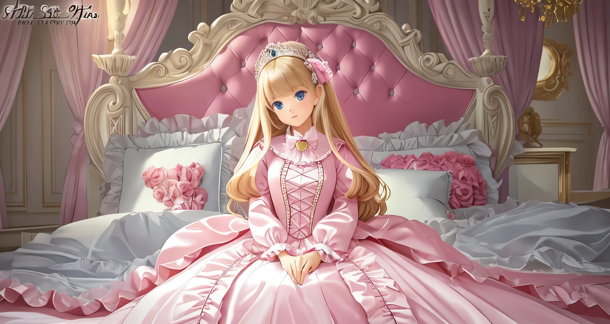 ,highest quality, masterpiece, highest resolution, artwork, super それにget used to it, many get used to it, get used to it, それにget used to it, 3K ultra-high resolution realistic photos,,(( When I )),Super detailed baby face,She isss,Full length ball gown dress with hoop skirt,ruffled yoke collar,puff sleeves,long sleeve,((lolita style hot pink princess satin dress、Comes with lots of frills and ribbons。)),colorful rococo fashion,shiny satin dress,Soft and smooth fabric,luxury,long blonde hair,blue eyes,white skin european,pajamas,((inside the palace)),,,(( When I was 10 years old)),Super ce,Full length ball gown dress witirt,long skirt,ruffled yoke collar,puff sleeves,腰まで伸びるlong blonde hair,blue eyes,white skin european,pajamas,((inside the palace bedroom)),ピンクのシルクサテンのluxuryなcanopy bedの上,canopy bed,luxurious curtains under the canopy,many frilly pillows on the bed,super detailed background,detailed bed,silk satin bed sheets,soft silk satin comforter,Soft silk satin ruffled pillow in pastel colors,little princess is sitting on the bed,large ball gown dresses that completely cover the legs,legs are hidden in the dress,Don'put your legs out to the side,Beautiful girl illustration,beautiful detailed face、detailed hair,detailed human eye ,detailed mouth, arm details,fine hands,Detailed pillow,Frilly pillows piled up behind the girl,