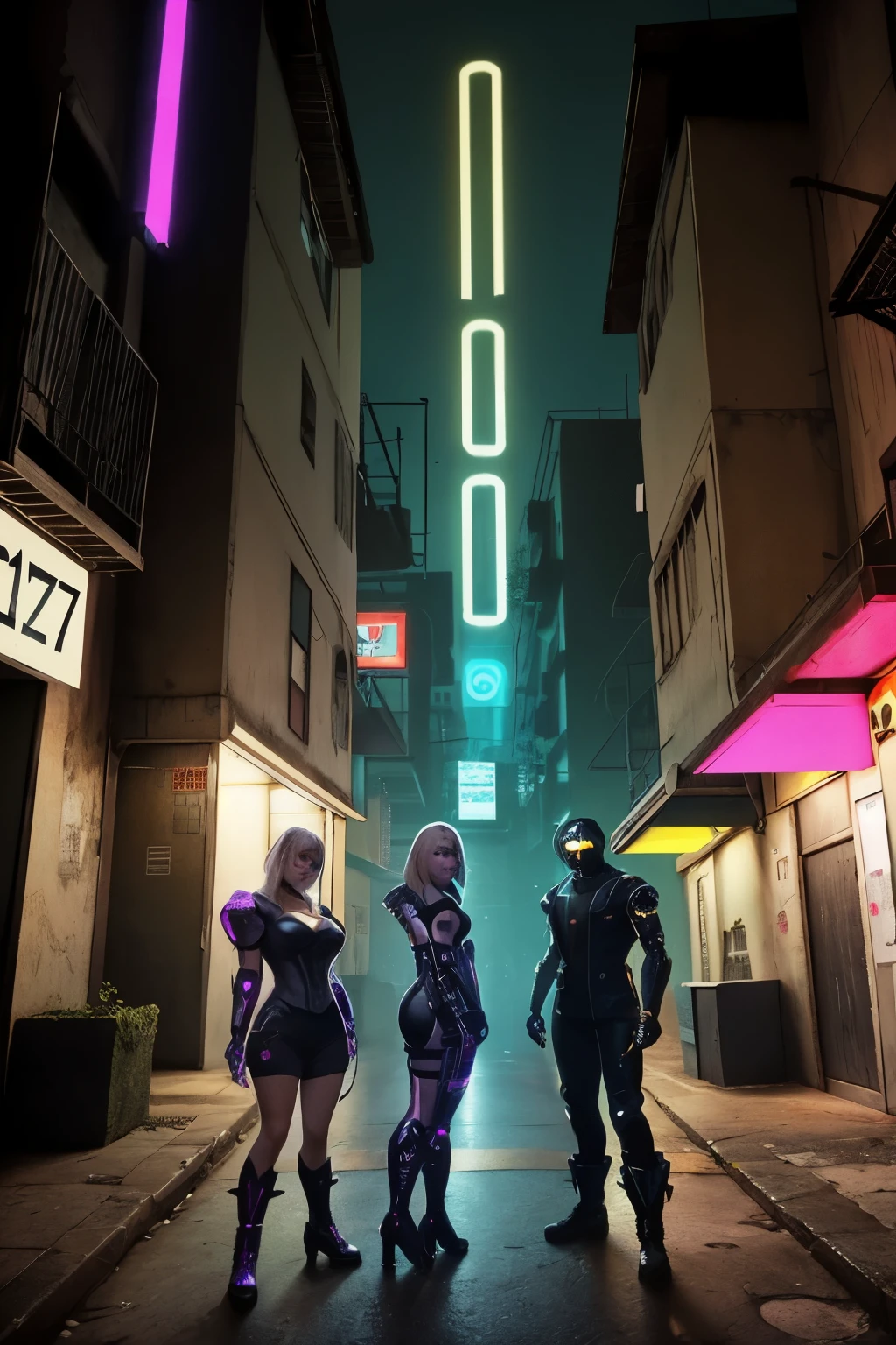 fotografia de uma Nekomimi de 17 anos, cabelos escuros, olhos na cor roxa, roupas do jogo cyber punk 2077. Em um uma cidade a noite