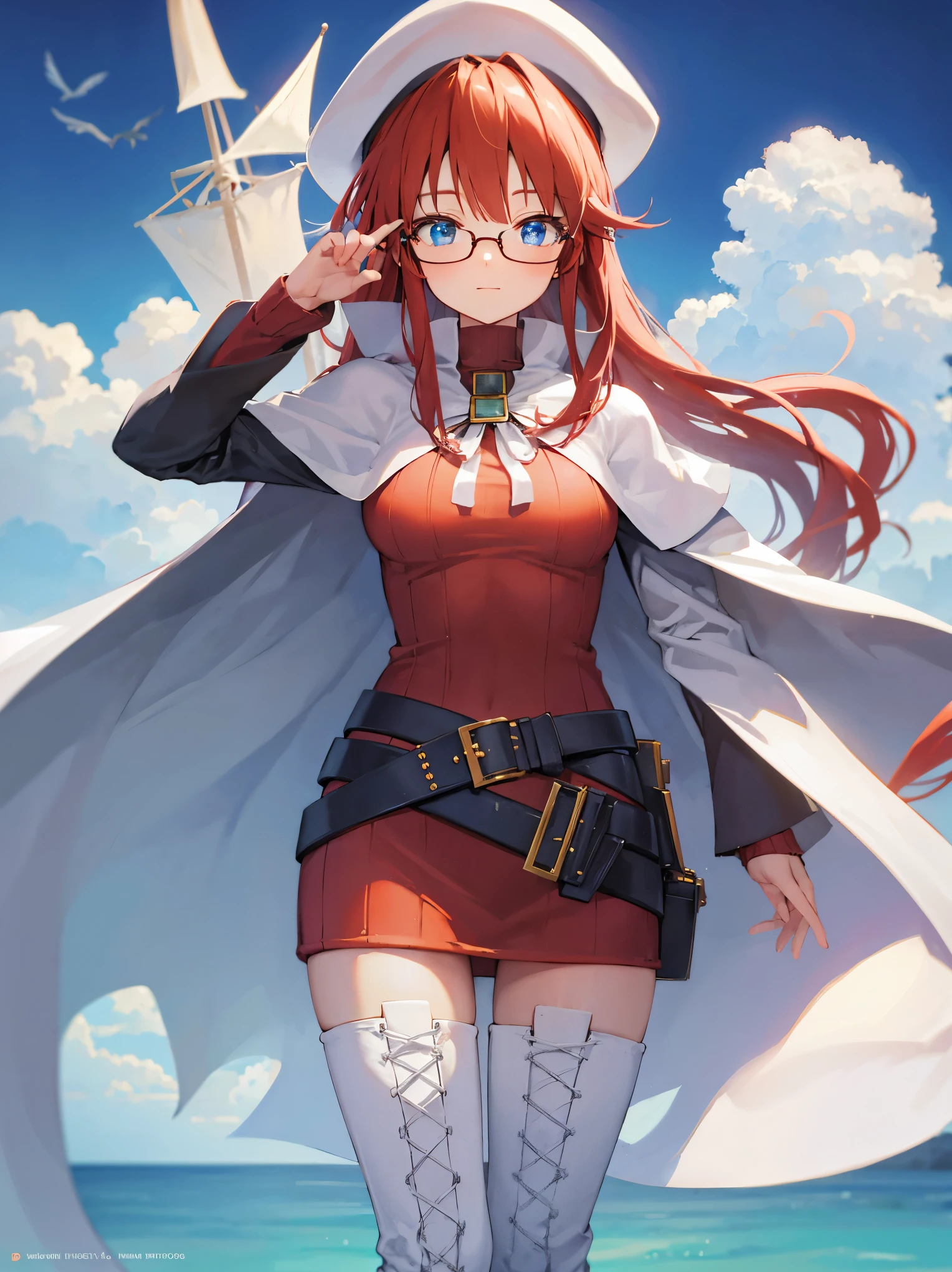 summonnightaty, aty, long hair, blue eyes, red hair, beret, hat, glasses,
BREAK long hair, thighhighs, hat, dress, boots, glasses, belt, cape, sweater, zettai ryouiki, beret, thigh boots, white footwear, ribbed sweater, loose belt,solo,
BREAK outdoors, fantasy,on_a_ship,
BREAK (masterpiece:1.2), best quality, high resolution, unity 8k wallpaper, (illustration:0.8), (beautiful detailed eyes:1.6), extremely detailed face, perfect lighting, extremely detailed CG, (perfect hands, perfect anatomy),covered_nipples,covered_navel,light_smile ,(half_eyes:1.4),sword,armpit,sleepy,dynamic_standing,barrel,red_sweater,apart_legs,magical_effect,back,