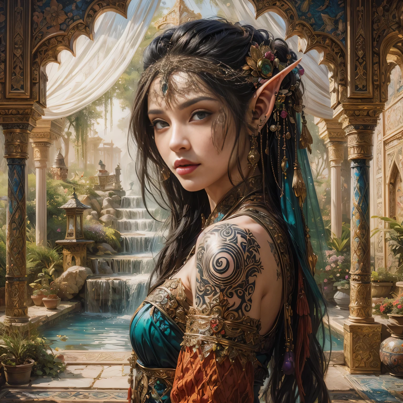 ((JOI, Meisterwerk, high quality, artgerm, artstation, beautiful elf)), intricate ultra detailliert, vibrant color, hohe Details, a painting of a woman with long hair, black hair, tattoos, Portrait of an elf, JOI portrait, beautiful garden with waterfalls, oriental garden, arabian garden, arabian decoration, Fantasy genre portrait, a Portrait of an elf, Fantasy portrait art, Fantasy art portrait, detailed matte Fantasy portrait, Fantasy portrait, Beautiful young wind spirit, Portrait of a very beautiful elf, Elf girl, halbe Elfenfrau, Symmetrical fantasy RPG portrait, Portrait of an elfkriegers