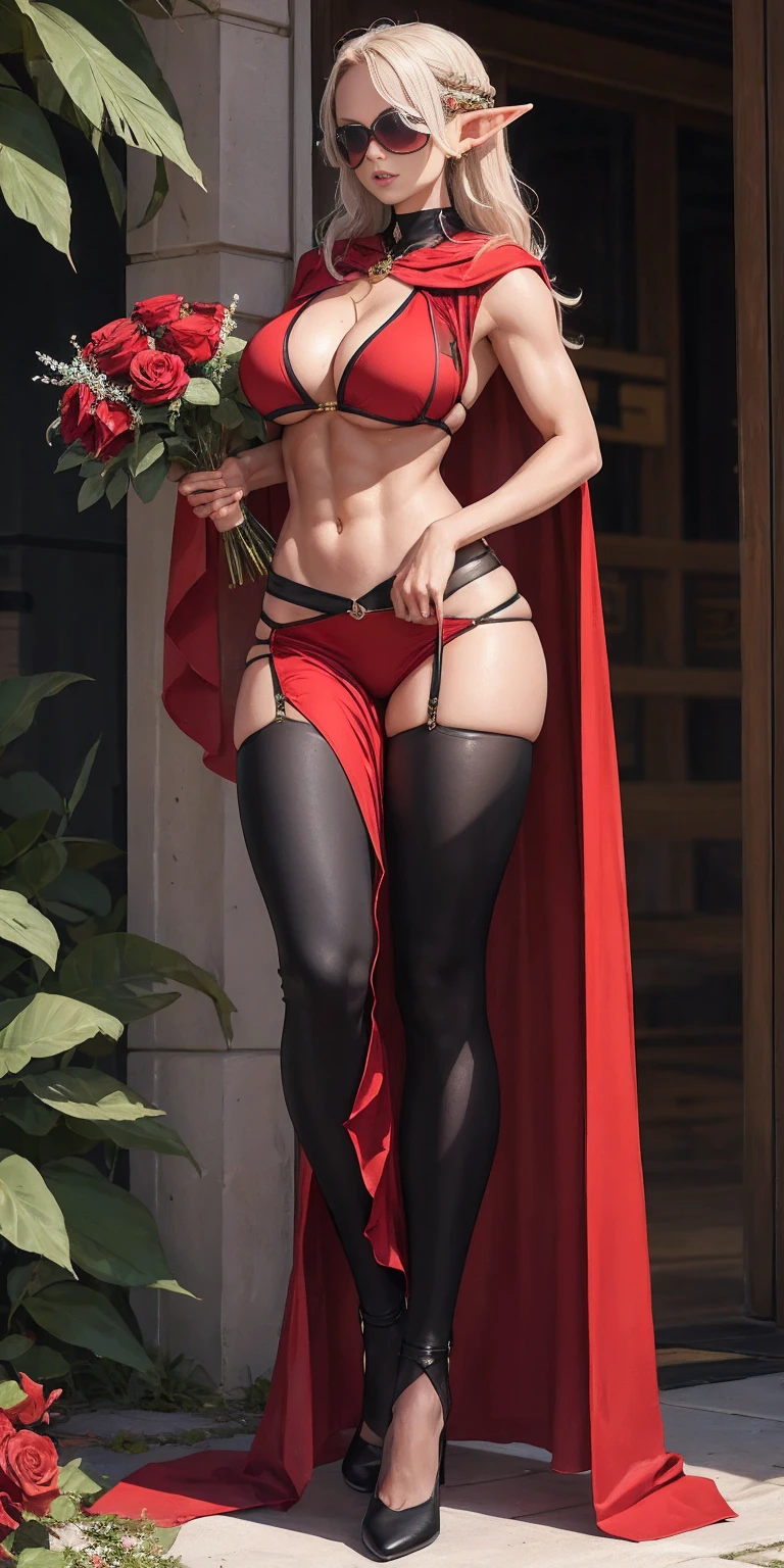 Full body, masterpiece, female drow elf purple skin standing pose (yellow tiger bikini), red cape, red bikini, long white hair, strong body, abs, Shiny Skin, Sunglasses, FEMALE, big breasts, voluminous breasts, curvy breasts, mesh stockings, standing with a bouquet (red roses), full height, bottom view, best quality, very detailed, ultra 8k resolution,huge breast, coat , vest, long skirt, portrait, full body, victorias clothing, long dress, knight, pants, black skinn suit, medieval city, plants, vest,polo shirt, forest, long skirt