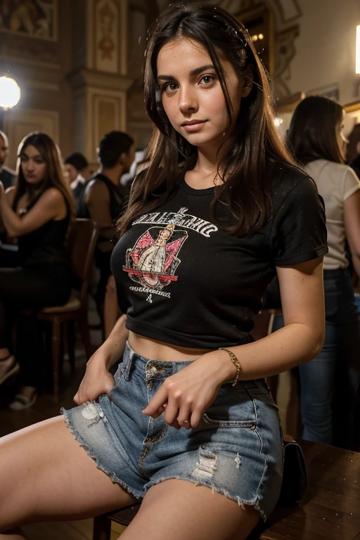Donna, 23 anni, sfondo discoteca, balla in mezzo alle persone, vestita con minigonna, maglietta corta, tacchi a spillo, faccia felice, capelli neri e raccolti, foto reale, corpo magro, seno abbondante
