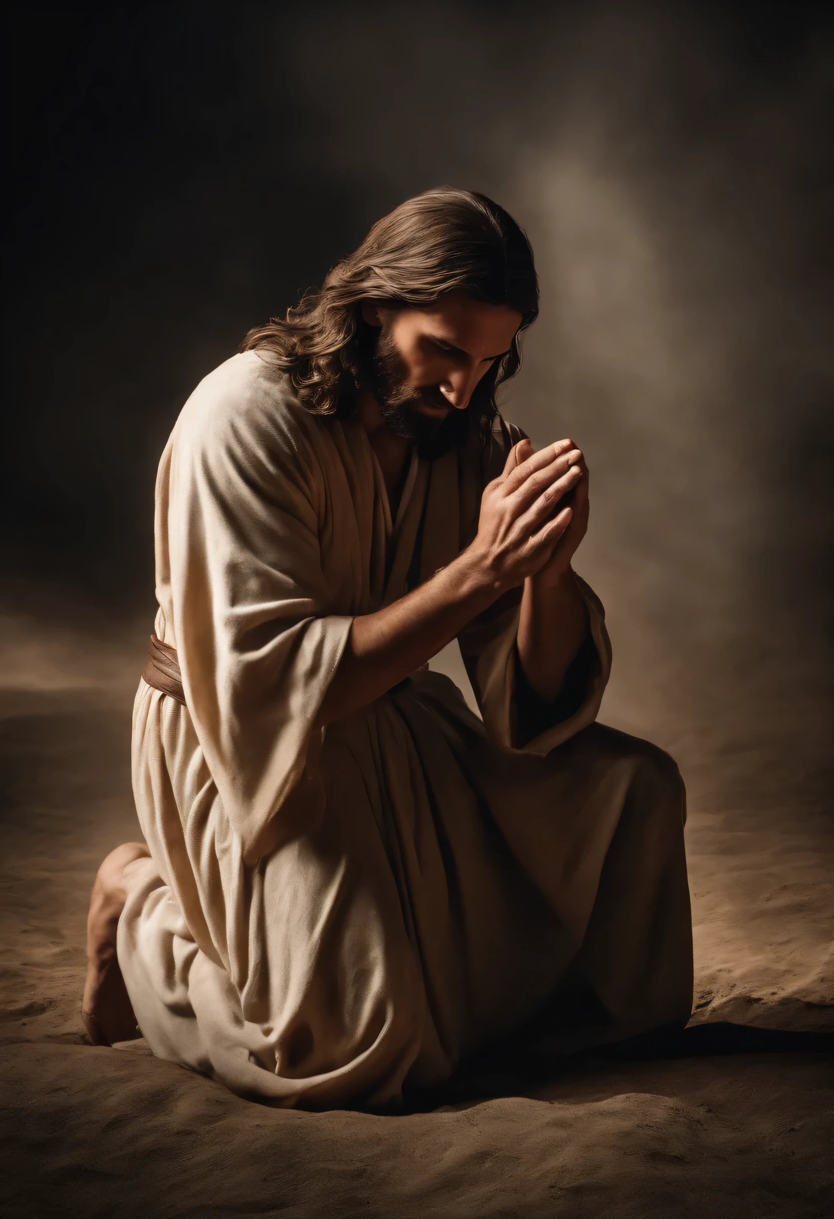 Jesus Christ with his hand on the head of a person who is on his knees asking for his mercy