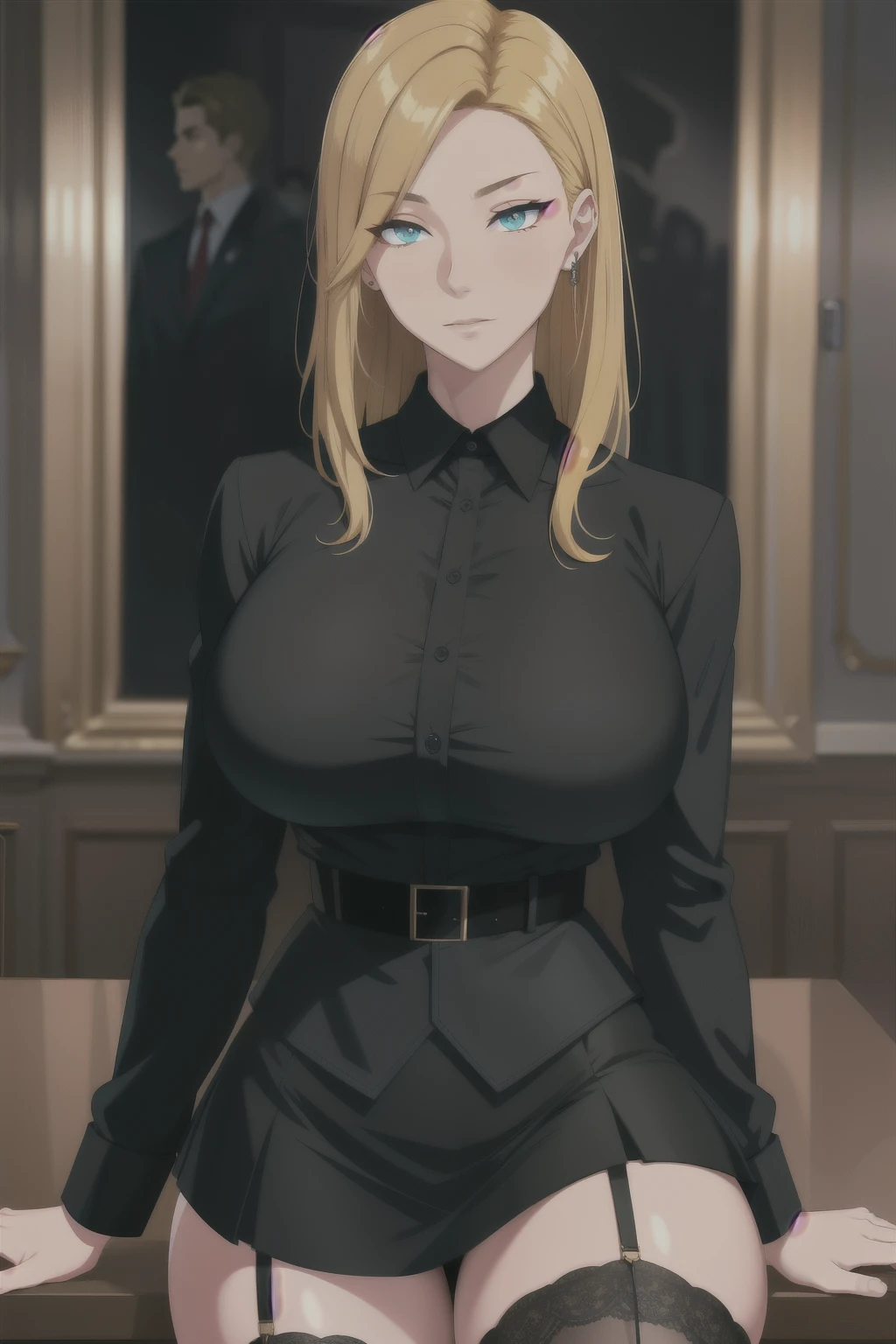 (tmasterpiece,A high resolution,best qualtiy:1.2),8K,highly detailed,complex,rich colourful,vibrant image,Clear focus,cinematic ligh) blond hairbl,long whitr hair,Green eyes,body builder (Wear black business attire,black_Collared shirt cropped jacket,tiese,tiese,Black frilled skirt,a garter belt,Leather belt) (Large, Perfect round breasts,Hourglass body,Big breasts Thin waist,Very thin waist, photograph realistic,(hyper realisitc:1)big breasts beautiful, tmasterpiece,Best quality at best,extremelydetailedface,s the perfect face,beauitful face,Perfect lighting,Detailed eye makeup,Details of the face,Nice detail eyes,pretty hand,perfect hand,glowing light eyes(realistic pupil,Realistic iris:1)Heavy eye makeup,(empty Casino)(Posing dynamically)pantiess