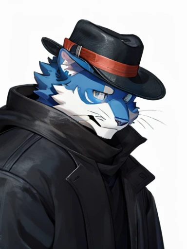 Blue cat man, icon, wearing long, dark gray clothes, robotic parts, a hat that covers half of his face and is defective.