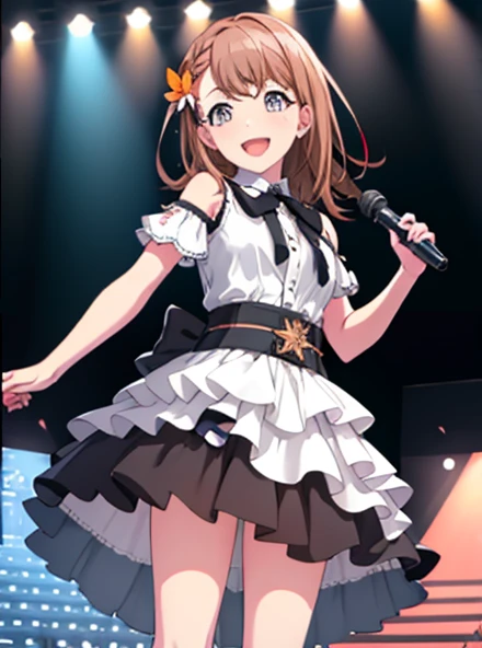 minori3rd, looking at the viewer, smile, open your mouth, skirt, shirt, hair ornaments, bow, ribbon, holding, bare shoulders, jewelry, medium breasts, Are standing, white shirt, Braid, hair bow, boots, frills, sleeveless, shiny, collared shirt, belt, armpit, off shoulder,shiny hair, nail, dutch angle, black bow, neck ribbon, Are standing on one leg, white skirt, frilled skirt, wing collar, panty shot, orange bow, dot nose, ankle boots, layered skirt, holding, Clover, waist bow, stage, stage lights, psyllium, Clover hair ornaments, idol clothes, Sing horizontal stripe, concert, audience