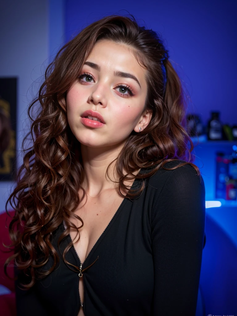 labios ligeramente abiertos, ligera sonrisa, arafed woman with long curly hair and a black top, with curly red hair, girl portrait, curly red hair, messy curly hair, red curly hair, thick red lips, portrait shot 8 k, soft portrait shot 8 k, curly haired, red cheeks, pouty lips, small and thick red lips, thick lips, looking to the side off camera, russian girl, green eyes, green pupiles, mirando al espectador, mirando la camara, ojos al frente, russian woman