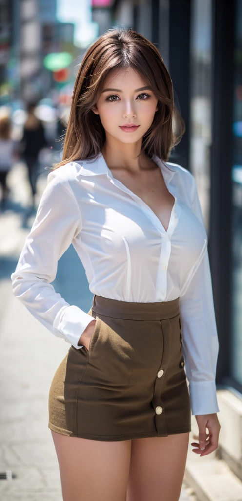 ((highest quality, 8K, masterpiece :1.3)), sharp focus :1.2, beautiful woman with perfect figure :1.4, thin abs :1.2, ((dark brown hair, big breasts :1.2)), (white button up long shirt :1.1), city street:1.2, Highly detailed face and skin texture, fine eyes, double eyelid, white tight mini skirt、thin legs、thin thighs、Are standing、((whole body)),