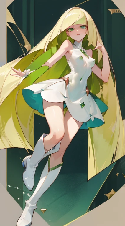 ((highest quality)), ((masterpiece)), (be familiar with), perfect face,{nsfw},Lusamine,long blonde hair,small breasts,pointed nipples,adult women,green eyes,Pokémon-like,White sleeveless dress,Knee-high boots,Green Pendant,Bewitching
