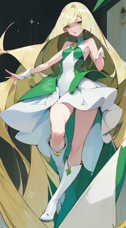 ((highest quality)), ((masterpiece)), (be familiar with), perfect face,{nsfw},Lusamine,long blonde hair,small breasts,pointed nipples,adult women,green eyes,Pokémon-like,White sleeveless dress,Knee-high boots,Green Pendant,Bewitching