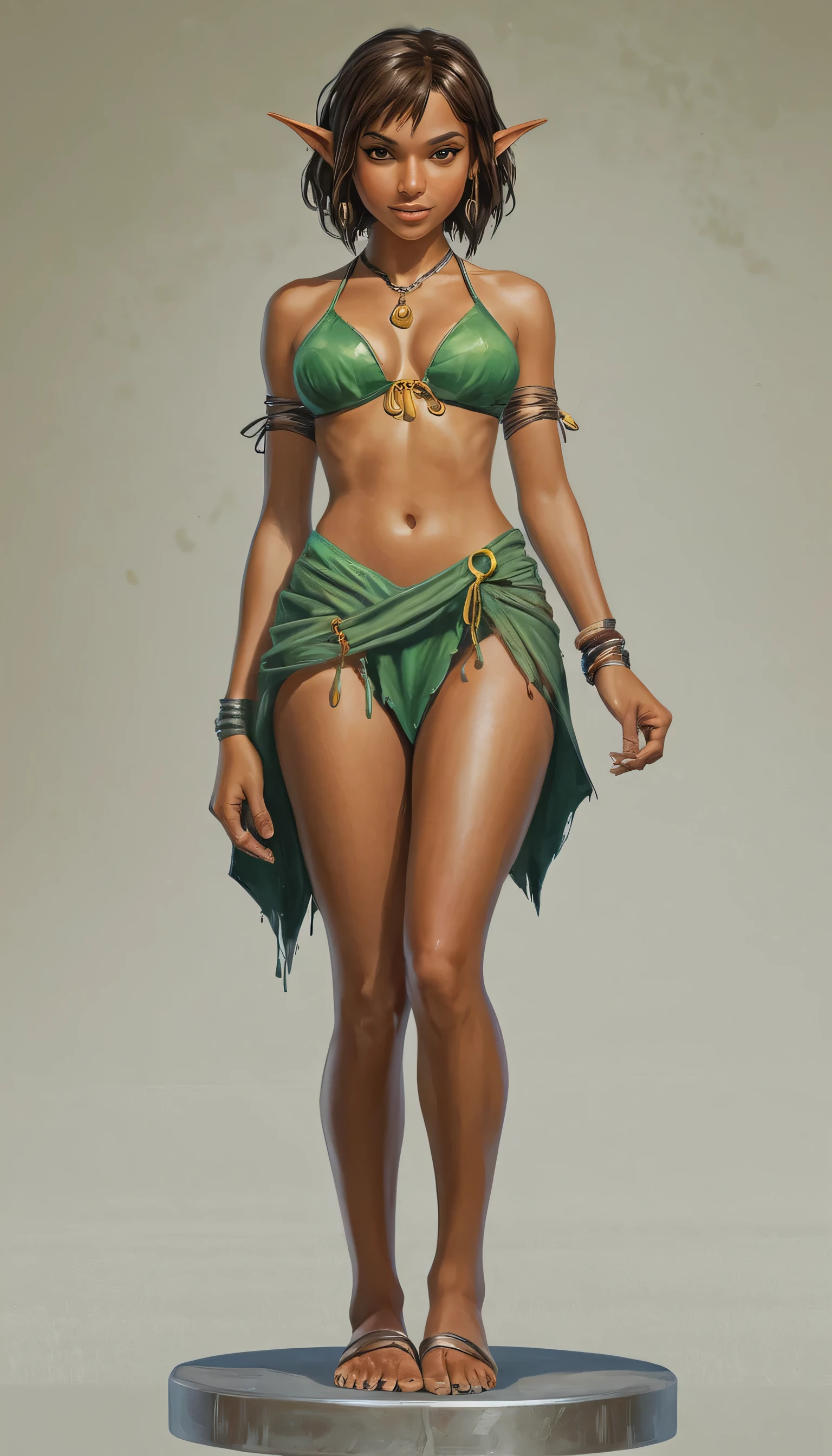 An illustrated movie poster, hand-drawn, full color, a teenage elven girl, wearing a sarong bikini, sun-tanned complexion, very tall, athletic body, hourglass figure, curvy, slightly chubby, bottom-heavy, generous hips, massive bubble-butt, long legs, ridiculously thick powerful thighs, amber brown eyes, long pointy elf ears, dark hair, shaggy bob, posing on a pedestal, wet glistening skin, hard shadows, graphite shading, stencil marks, airbrushed acrylic paint, masterpiece, in the style of Kingdom Hearts