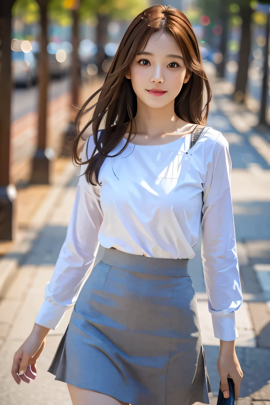 ((top-quality、8k masterpieces:1.3))、(ultra beautiful faces:1.0)、(shinny skin:1.0)、photos realistic、Brown hair,  sway in the wind shoulder length straight hair,  Video Lighting、High-definition eyes and face、Silk Color Blouse、Skirt, 1 japanese girl, Neat and clean beauty, Cute, from the front side、medium breasts、A slight smile, Forest lake with morning mist