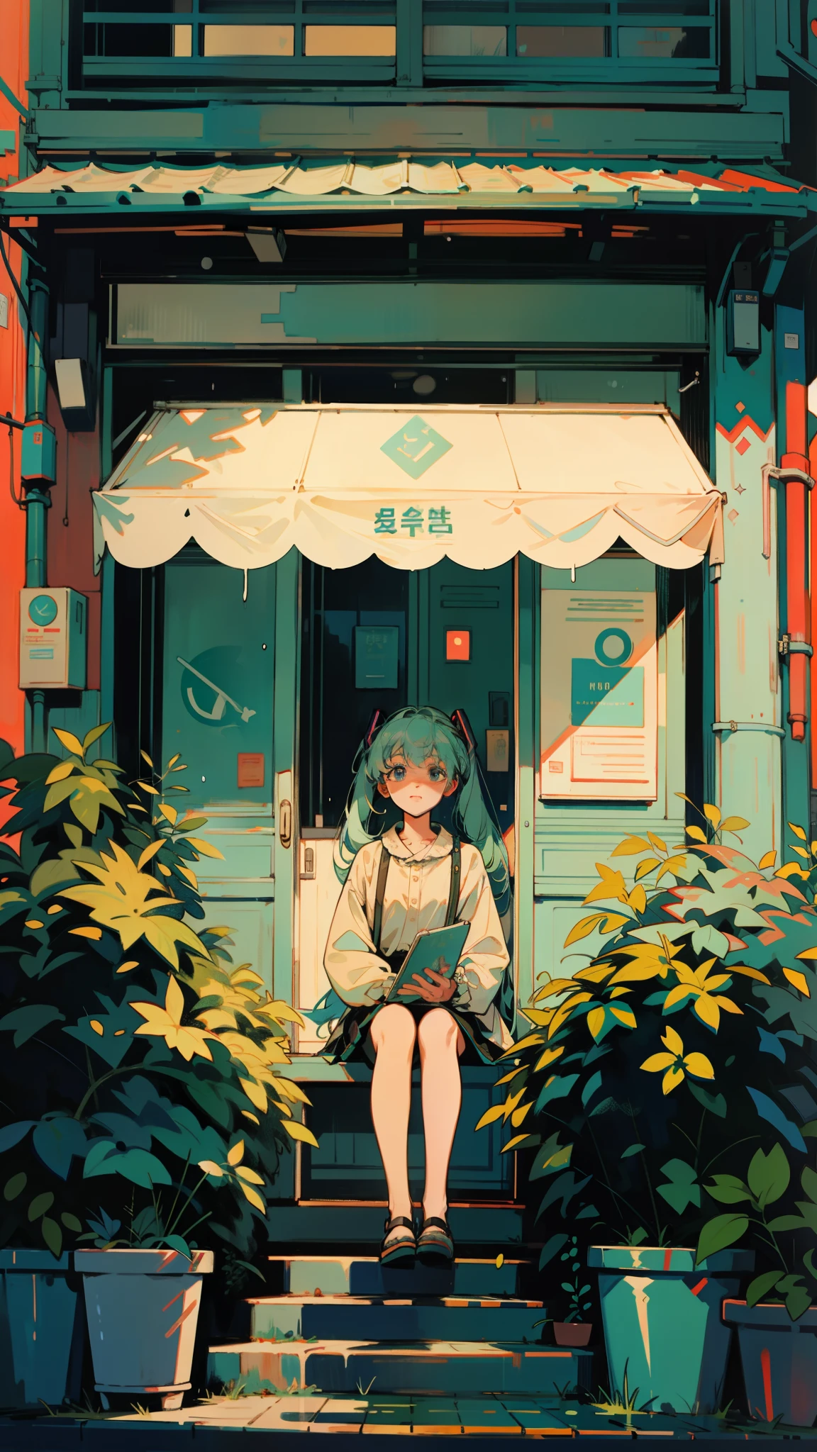 Anime girl sitting on steps in front of a building with a umbrella ...