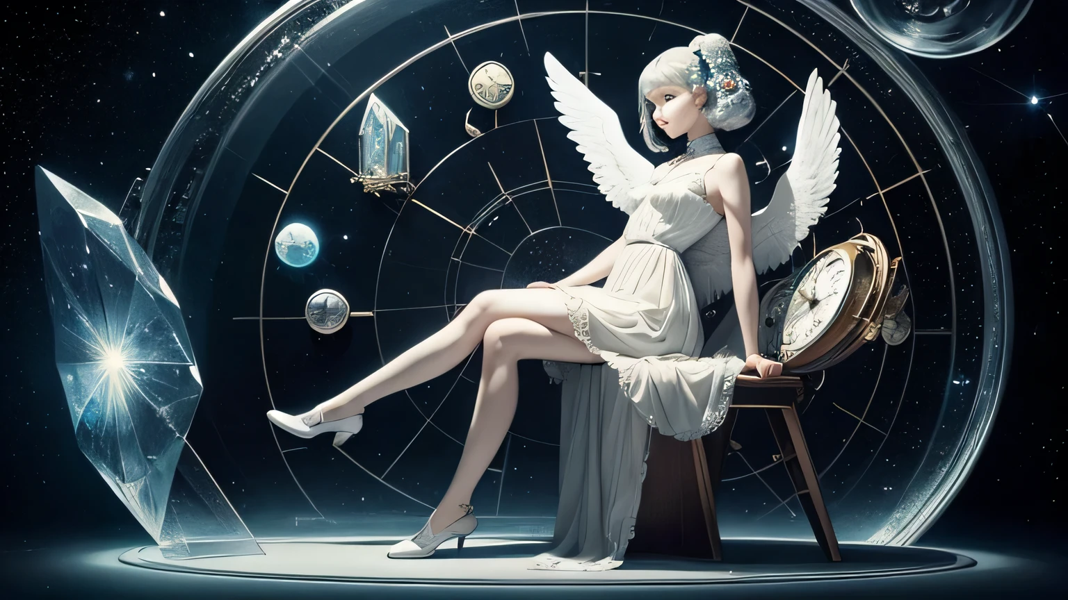 A beautiful sittdown full-body whiteskin‐angelbaby in a crystal glass showcase in the solar‐system,galaxy,There is ugliness in beauty, but there is also beauty in ugliness. there is. Analog wall clock face, analog meter board, visuals inspired by Baptiste Monge, surrealism, dark art by James Jean, Takato Yamamoto, 1950 retro-future art cubist design, border decoration,