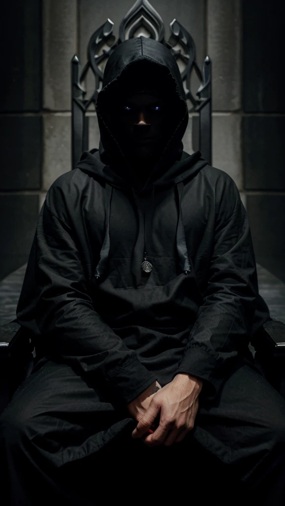 man with dark black hood, neon eyes, with crossed arms, sitting on a dark throne, castles of darkness, money, a lot of money