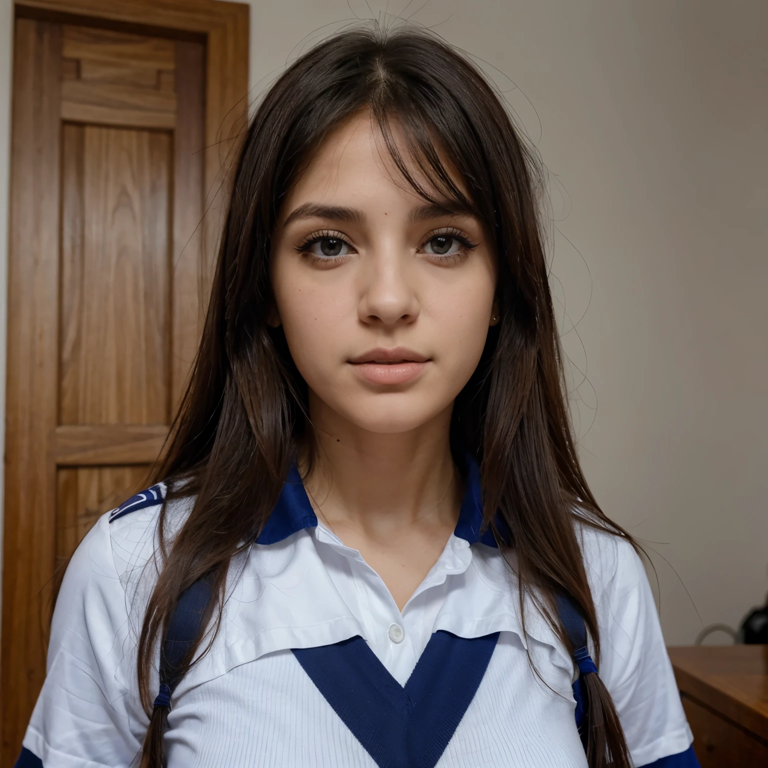 Mujer, colegiala, de grandes pechos y falda corta sin calzon, encima de mesa de colegio