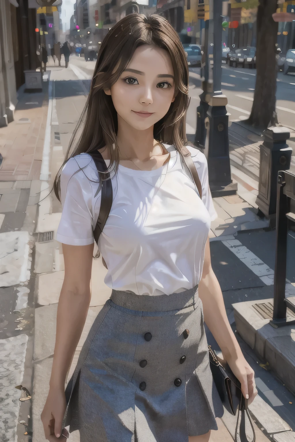 (8k, RAW photo, highest quality, masterpiece: 1.2), (realistic, photorealistic: 1.37), Super detailed, ultra high resolution, one girl, Beholder, beautiful and detailed face, smile, narrow, (slim waist: 1.3), shirt, Fine and beautiful skin, skin texture, floating hair, professional lighting, Medium chest, gentle eyes、gray flared skirt、super mini skirt、body silhouette、Cool and beautiful woman in her 20s、A full-body shot of her skirt fluttering in the wind