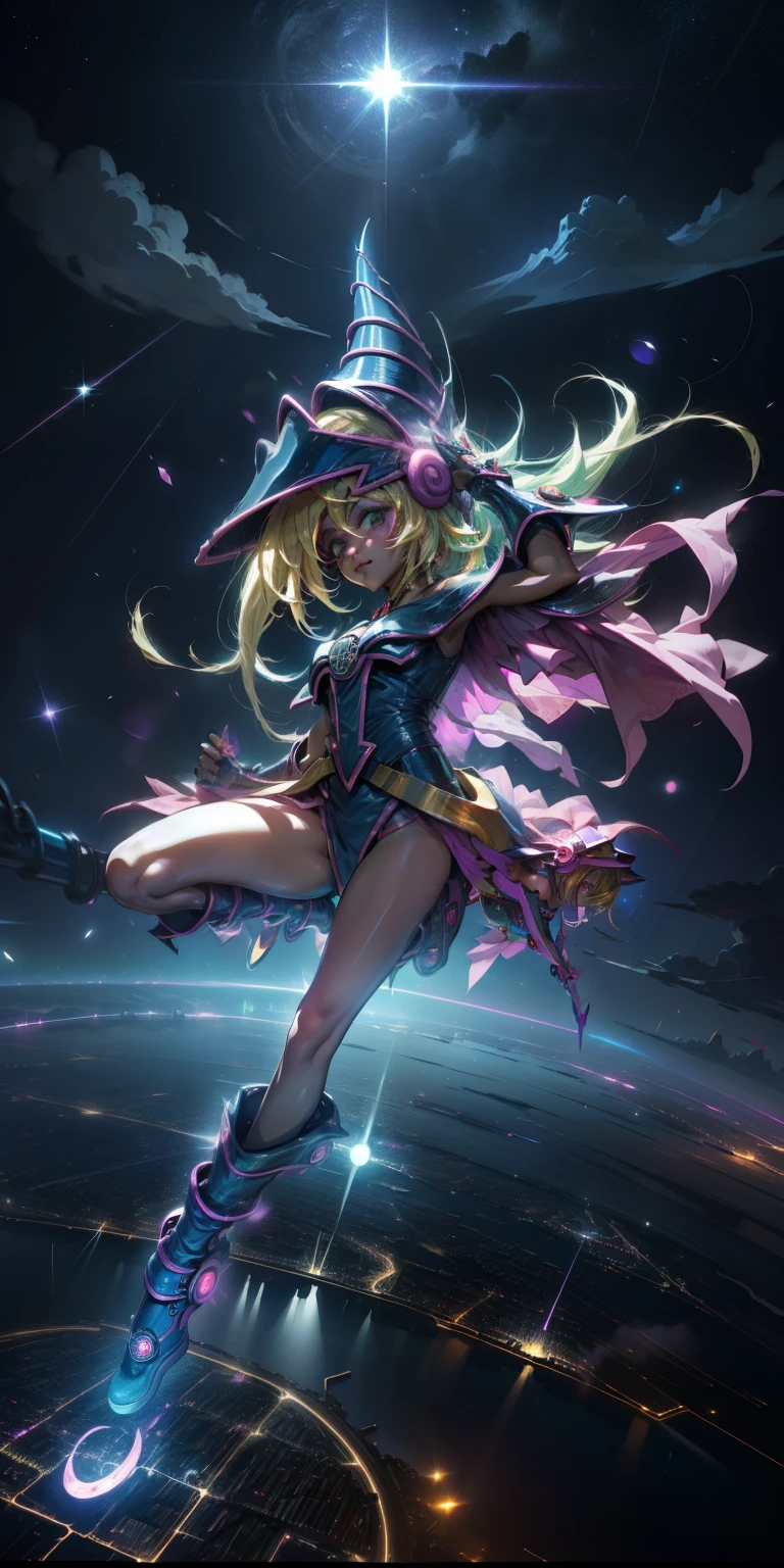 Mujer preciosa dark magician girl ( neon cyberpunk ), The neon sings, neon lighting, RTX chica maga oscura iluminando volando en el aire. Encima de la ciudad a media noches. Luna llena. Cielos de estrellas. Mago oscuro volando