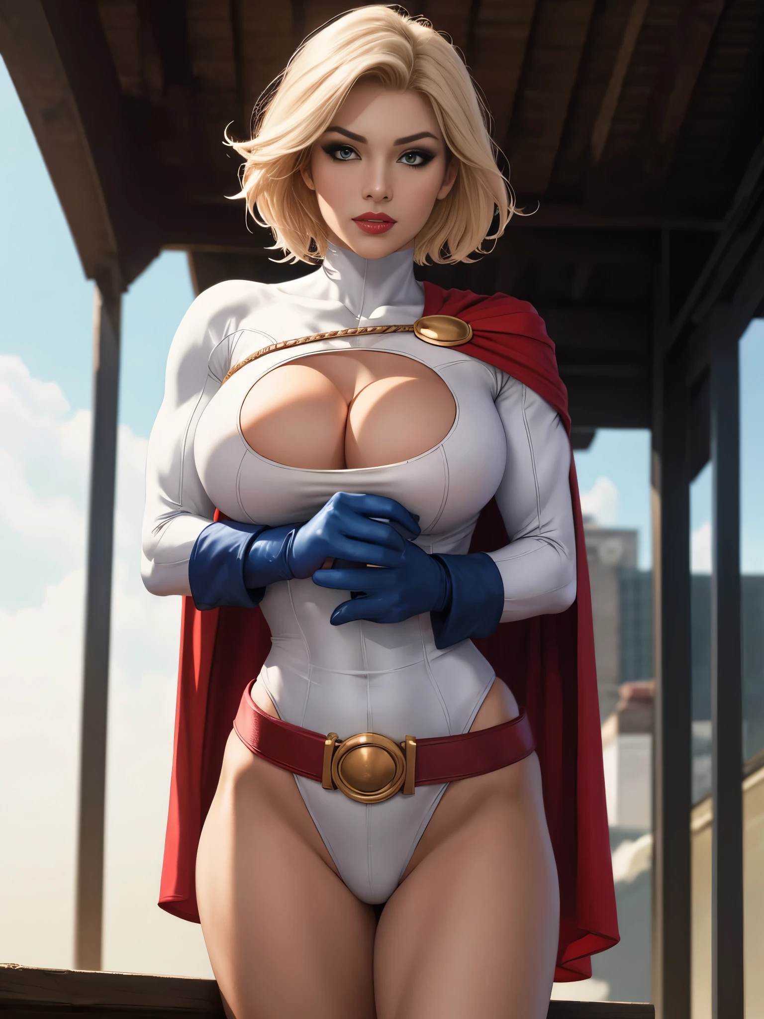 straight-on,pose,looking at viewer,solo, BREAK, 
CARTOON_DC_powergirl_ownwaifu, www.ownwaifu.com, 
breasts, blonde hair, blue eyes, large breasts, short hair, lips, thighs, makeup, lipstick, muscular, muscular female, thick thighs, huge breasts, red lips, groin, curvy, 
cleavage, cleavage cutout, clothing cutout, superhero, belt, blue gloves, red cape, white leotard, highleg leotard, highleg, loose belt, turtleneck, 
official art,extremely detailed CG unity 8k wallpaper, perfect lighting,Colorful, Bright_Front_face_Lighting,shiny skin, (masterpiece:1.0),(best_quality:1.0), ultra high res,4K,ultra-detailed, photography, 8K, HDR, highres, (absurdres:1.2), Kodak portra 400, film grain, blurry background, (bokeh:1.2), lens flare, (vibrant_color:1.2),professional photograph, (beautiful_face:1.5),