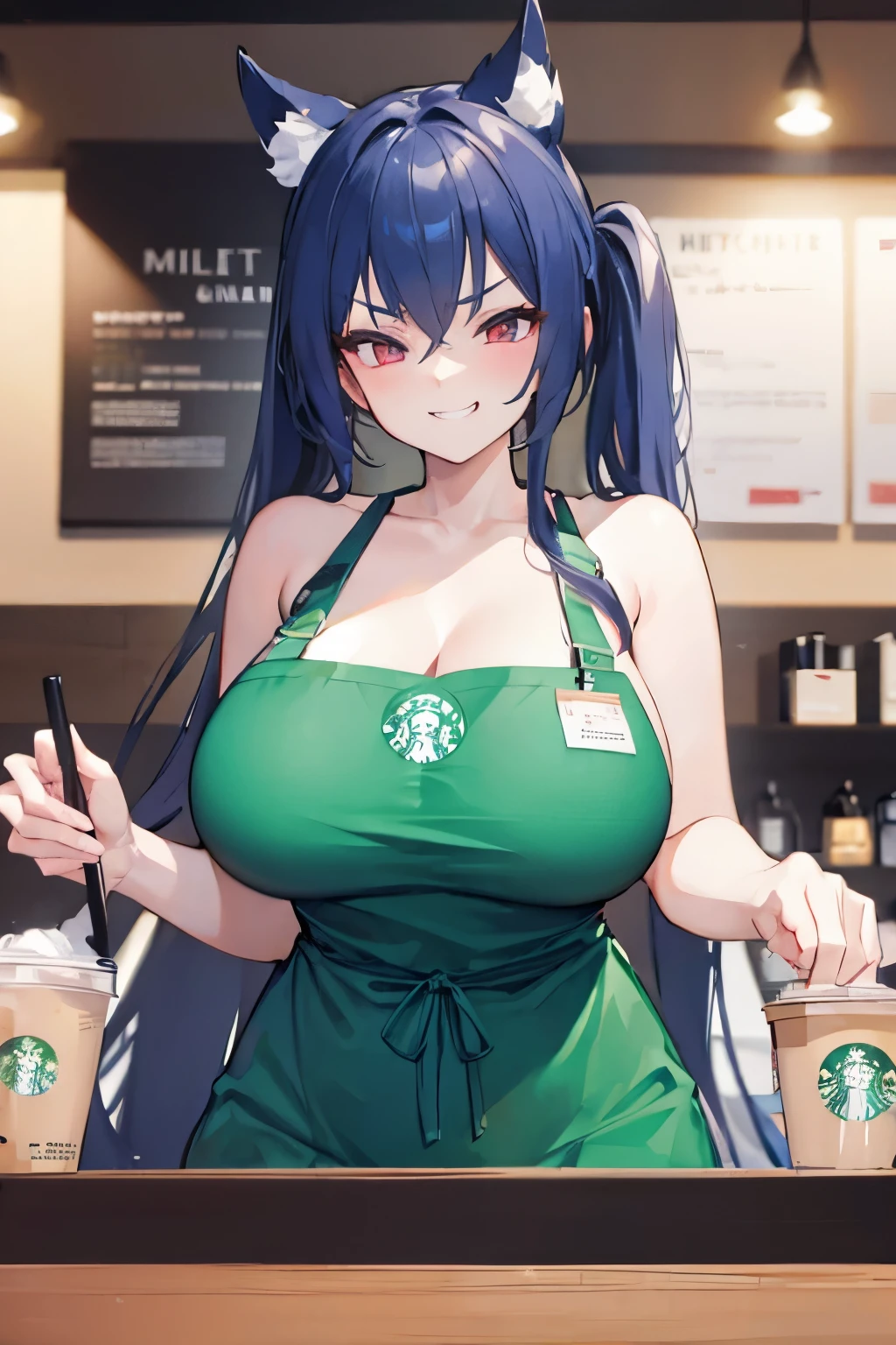 , ((gigantic breasts)), Starbucks apron,  , evil grin, tongue out, 