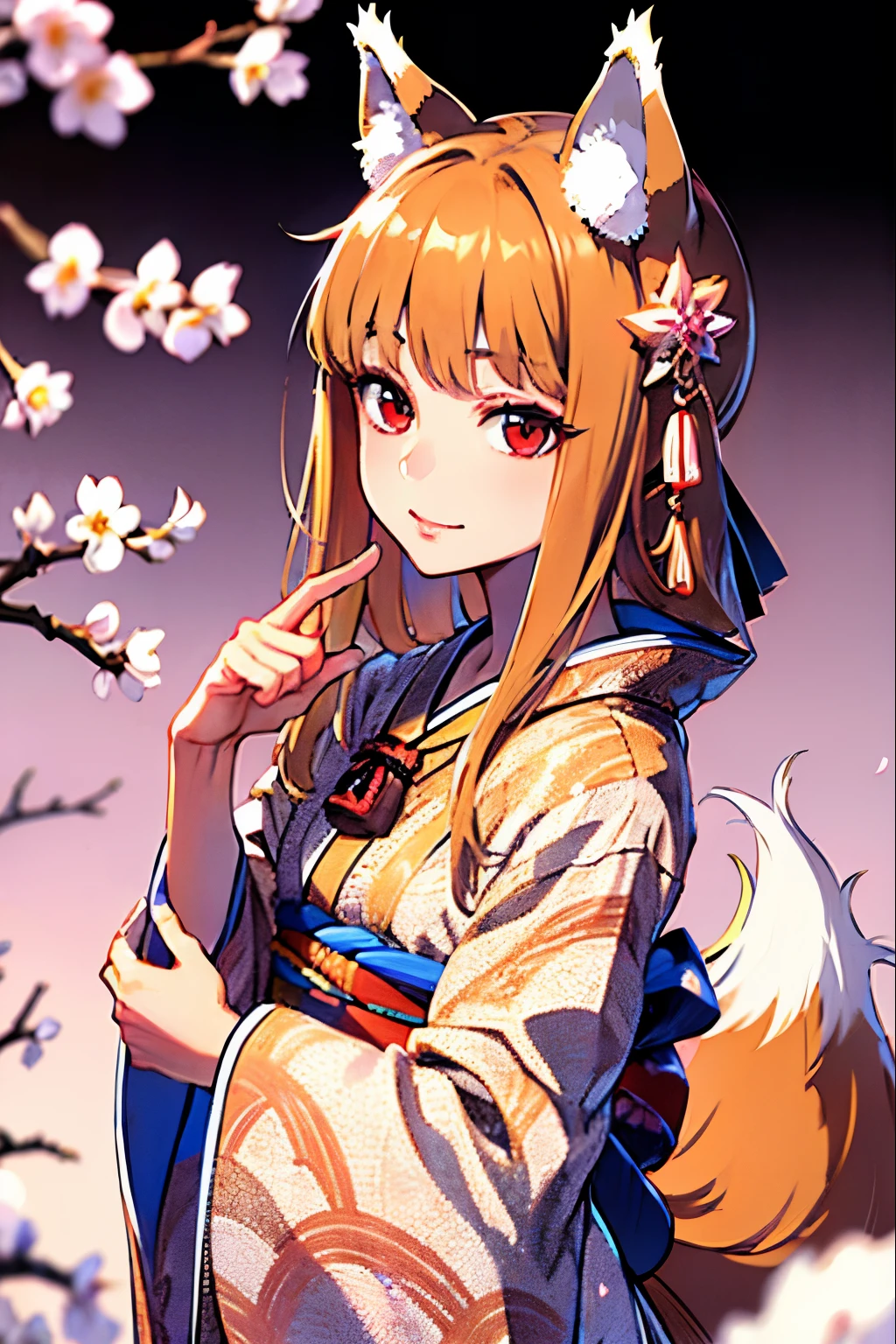 best quality, masterpiece, highres, 1girl, Luxury kimono, beautiful face, hair ornament, looking at viewer, smile, closed mouth, lips, dress, hair ornament, necklace, jewelry, long hair, earrings, Beautiful face, upon body, tyndall effect, photorealistic, Cherry blossom background, top-quality, 8K, 32K, nffsw:1.3, Photorealsitic:1.4, realisitic:1.2, Raw photography, Holo (Spice and Wolf), wolf tail,1 tail