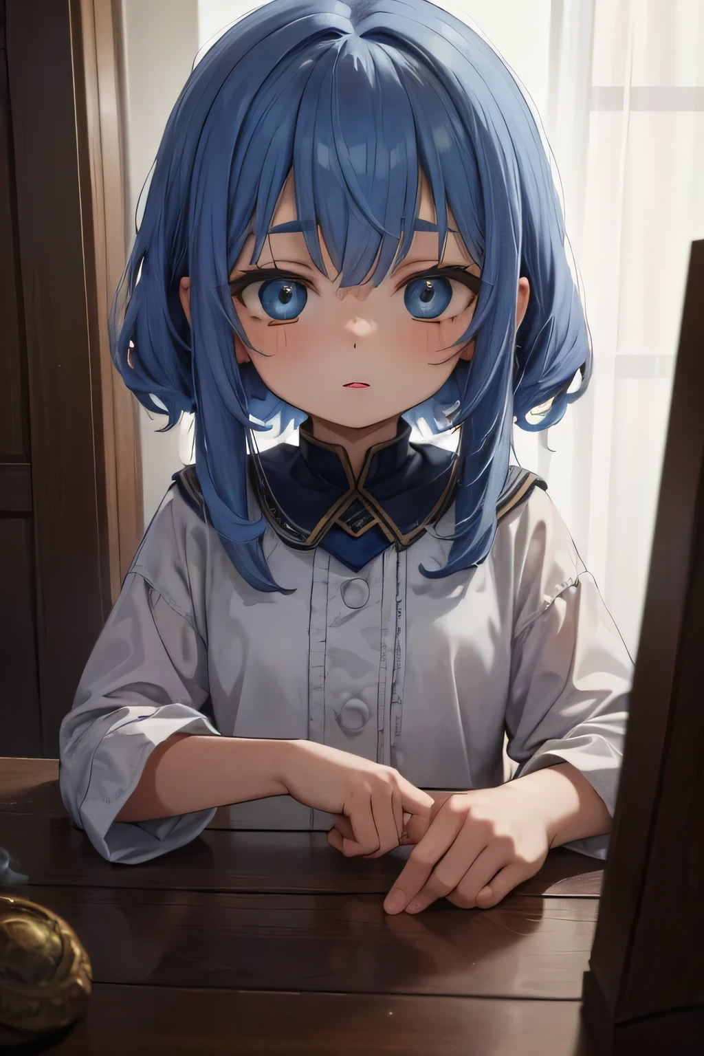 (best quality,4k,highres,masterpiece:1.2),uma garota,9-year-old,blue-haired,blue-eyed,girl,playing with her friends,portraits,complementary colors,soft lighting