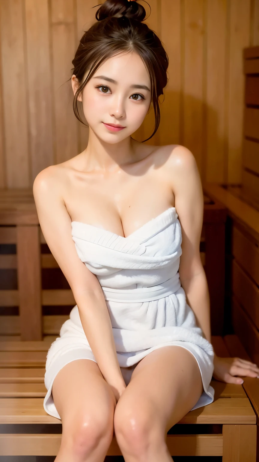 (1 Female only):1.5, (sauna:1.3), (whole body:1.3), (bun hair, dark brown hair), (highest quality, Photoreal:1.4, table top:1.3, RAW photo:1.2, cinematic light, highly detailed illustrations), (A very carefully drawn face, Super beautiful maid, super delicate eyes, super detailed stuffy nose, super detailed mouth, highly detailed facial features, Super detailed body, hip details, Detailed thighs), (small breasts:1.3), from the front, show cleavage, (A long dress made of very dense towel fabric.:1.3, strapless), (sweat a lot), (sitting on a wooden bench), leaning forward, smile:0.8, Light and shadow