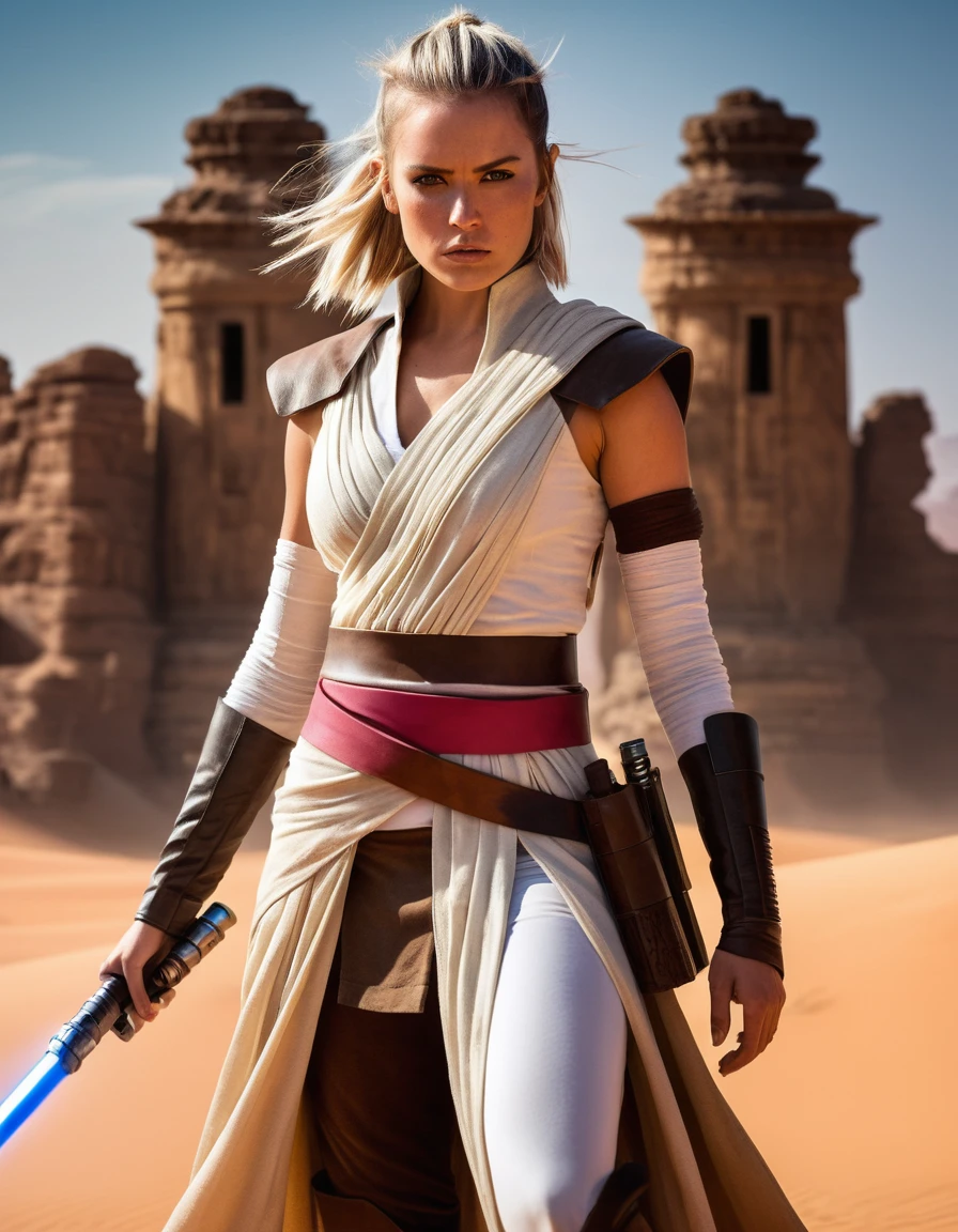 "Create an ultra-realistic and highly detailed photograph of a Jedi warrior, captured in the style of photographer Greg Rutkowski. The portrait frames the Jedi from the waist up, showcasing her fierce and determined pose amidst the desert landscape and ancient temple ruins.

The Jedi, with her straight white hair cut just above her shoulders and a straight fringe framing her face, exudes a sense of fierce determination. Her eyes, a piercing yellow, glint with an intense ferocity, and her fair skin with freckles is accentuated by black markings around each eye, giving her a warrior-like appearance.

Dressed in a Jedi outfit made of black leather with intricate pink details, she stands with a stance of a warrior, ready for battle. Her black leather belt, adorned with small pouches and compartments, holds her lightsaber with a golden hilt and a crimson blade, emitting a vibrant red glow that reflects the fire in her eyes.

The background of the portrait is a desert landscape with ancient temple ruins in stone, blurred to create a sense of urgency and focus on the Jedi warrior herself. The sandy hues of the desert contrast with the dark ruins, adding to the intensity of the scene.

Greg Rutkowski's signature style of photography captures every detail of the Jedi's fierce pose, from the taut muscles in her arms to the determined set of her jaw. The result is a stunningly realistic portrait that invites the viewer to feel the power and determination radiating from the Jedi warrior.

This ultra-realistic illustration brings to life the essence of a Jedi warrior, standing raucously amidst the desolate beauty of the desert, ready to unleash her fury upon any who dare to challenge her."to life the essence of a young Jedi, standing strong and resolute amidst the desolate beauty of the desert, ready to face whatever challenges the galaxy may throw her way."