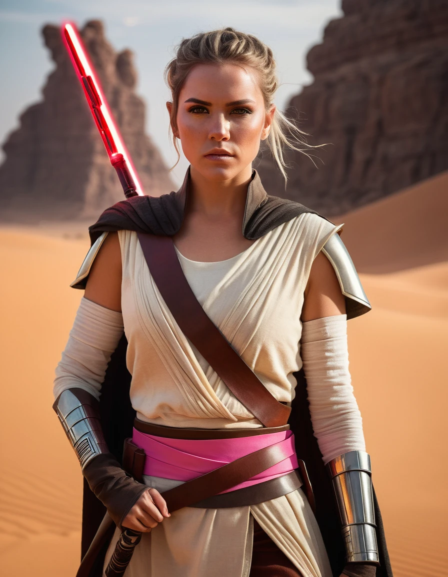 "Create an ultra-realistic and highly detailed photograph of a Jedi warrior, captured in the style of photographer Greg Rutkowski. The portrait frames the Jedi from the waist up, showcasing her fierce and determined pose amidst the desert landscape and ancient temple ruins.
The Jedi, with her straight white hair cut just above her shoulders and a straight fringe framing her face, exudes a sense of fierce determination. Her eyes, a piercing yellow, glint with an intense ferocity, and her fair skin with freckles is accentuated by black markings around each eye, giving her a warrior-like appearance.
Dressed in a Jedi outfit made of black leather with intricate pink details, she stands with a stance of a warrior, ready for battle. Her black leather belt, adorned with small pouches and compartments, holds her lightsaber with a golden hilt and a crimson blade, emitting a vibrant red glow that reflects the fire in her eyes.
The background of the portrait is a desert landscape with ancient temple ruins in stone, blurred to create a sense of urgency and focus on the Jedi warrior herself. The sandy hues of the desert contrast with the dark ruins, adding to the intensity of the scene.
Greg Rutkowski's signature style of photography captures every detail of the Jedi's fierce pose, from the taut muscles in her arms to the determined set of her jaw. The result is a stunningly realistic portrait that invites the viewer to feel the power and determination radiating from the Jedi warrior.
This ultra-realistic illustration brings to life the essence of a Jedi warrior, standing raucously amidst the desolate beauty of the desert, ready to unleash her fury upon any who dare to challenge her."to life the essence of a young Jedi, standing strong and resolute amidst the desolate beauty of the desert, ready to face whatever challenges the galaxy may throw her way."