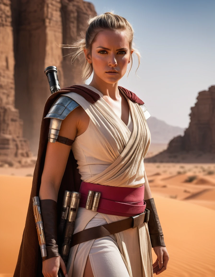"Create an ultra-realistic and highly detailed photograph of a Jedi warrior, captured in the style of photographer Greg Rutkowski. The portrait frames the Jedi from the waist up, showcasing her fierce and determined pose amidst the desert landscape and ancient temple ruins.
The Jedi, with her straight white hair cut just above her shoulders and a straight fringe framing her face, exudes a sense of fierce determination. Her eyes, a piercing yellow, glint with an intense ferocity, and her fair skin with freckles is accentuated by black markings around each eye, giving her a warrior-like appearance.
Dressed in a Jedi outfit made of black leather with intricate pink details, she stands with a stance of a warrior, ready for battle. Her black leather belt, adorned with small pouches and compartments, holds her lightsaber with a golden hilt and a crimson blade, emitting a vibrant red glow that reflects the fire in her eyes.
The background of the portrait is a desert landscape with ancient temple ruins in stone, blurred to create a sense of urgency and focus on the Jedi warrior herself. The sandy hues of the desert contrast with the dark ruins, adding to the intensity of the scene.
Greg Rutkowski's signature style of photography captures every detail of the Jedi's fierce pose, from the taut muscles in her arms to the determined set of her jaw. The result is a stunningly realistic portrait that invites the viewer to feel the power and determination radiating from the Jedi warrior.
This ultra-realistic illustration brings to life the essence of a Jedi warrior, standing raucously amidst the desolate beauty of the desert, ready to unleash her fury upon any who dare to challenge her."to life the essence of a young Jedi, standing strong and resolute amidst the desolate beauty of the desert, ready to face whatever challenges the galaxy may throw her way."