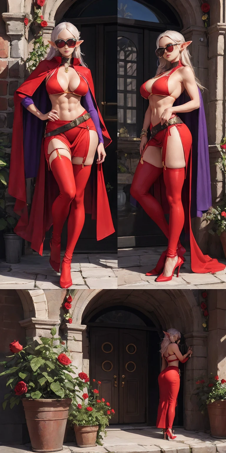 Full body, masterpiece, female drow elf purple skin standing pose (yellow tiger bikini), red cape, red bikini, long white hair, strong body, abs, Shiny Skin, Sunglasses, FEMALE, big breasts, voluminous breasts, curvy breasts, mesh stockings, standing with a bouquet (red roses), full height, bottom view, best quality, very detailed, ultra 8k resolution,huge breast, coat , vest, long skirt, portrait, full body, victorias clothing, long dress, knight, pants, black skinn suit, medieval city, plants, vest,polo shirt, forest, long skirt