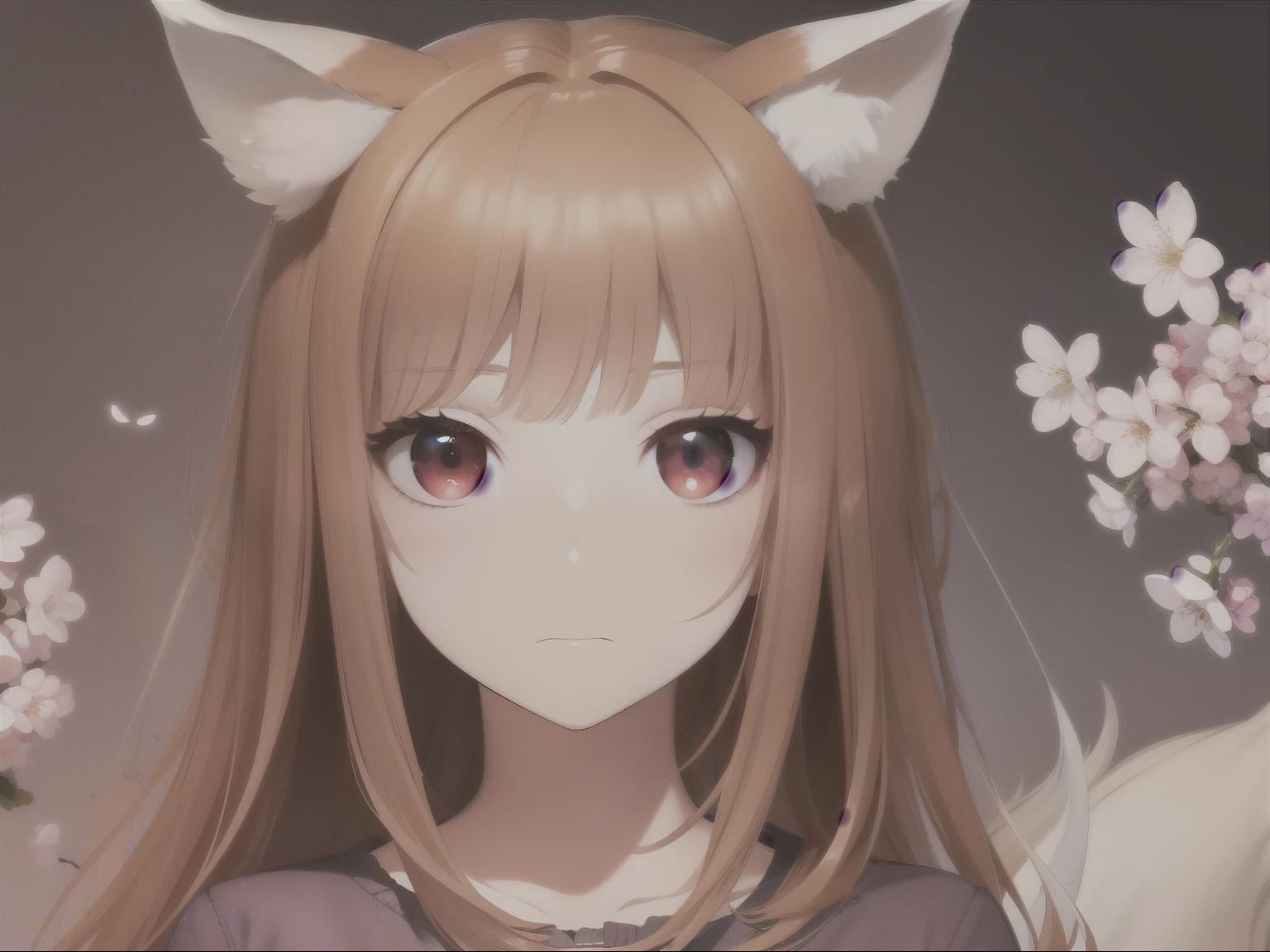 Cherry blossom background,1girl, animal ears,wolf ears, tail, wolf tail, red eyes, wolf girl, brown hair,long hair, purple shirt, Pouch,, (extremely detailed CG unity 8k wallpaper), (highest quality), (ultra-detailed), (best illustrations), (best shadow), 
dismay