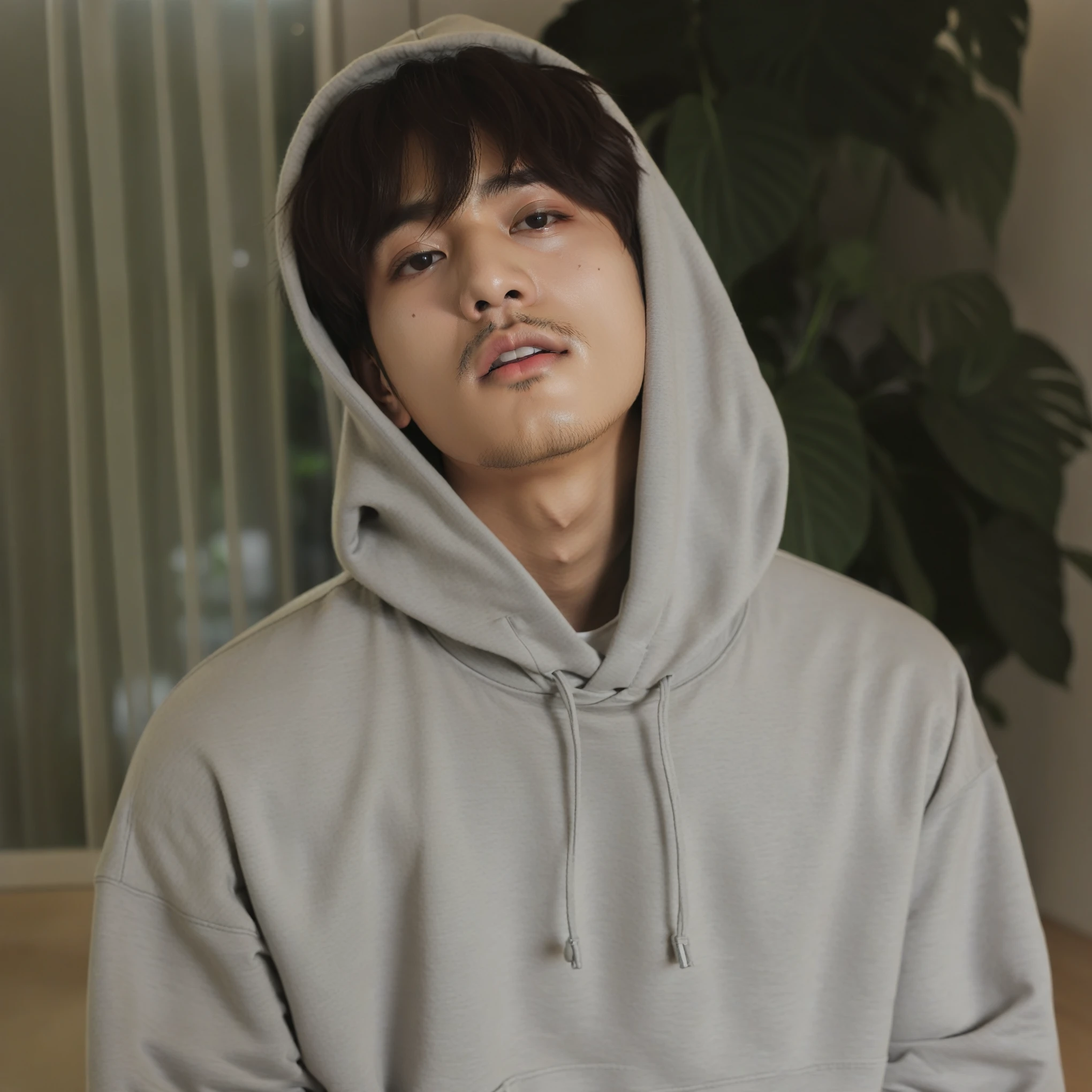 homem arafiado com capuz cinza em frente a uma planta, Kim Taehyung, em um moletom, Park Jimin, Jimin, vestindo um moletom grande, Jimin\the full lips, accurate Jungkook face, vestindo um moletom, Jungkook, vestindo moletom, imagem de perfil, Jimin\the right eyelid is swollen, hyung tae, Jimin\o nariz grego, pele perfeita sem pelos
