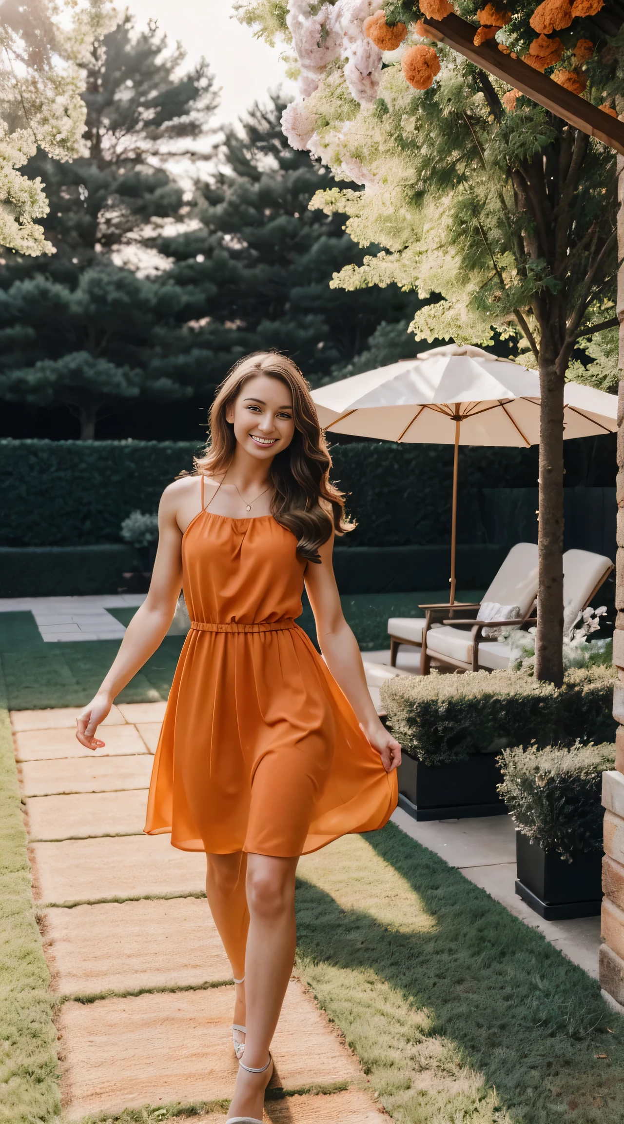 ultra-detailed (realistic, photorealistic) professional, caucasian woman who is a fitness and health expert standing in a garden, she is smiling and walking towards the camera and has long brown hair blowing in the wind and she is like an angel and is confident , feminine, wearing a beautiful bright orange ankle length dress