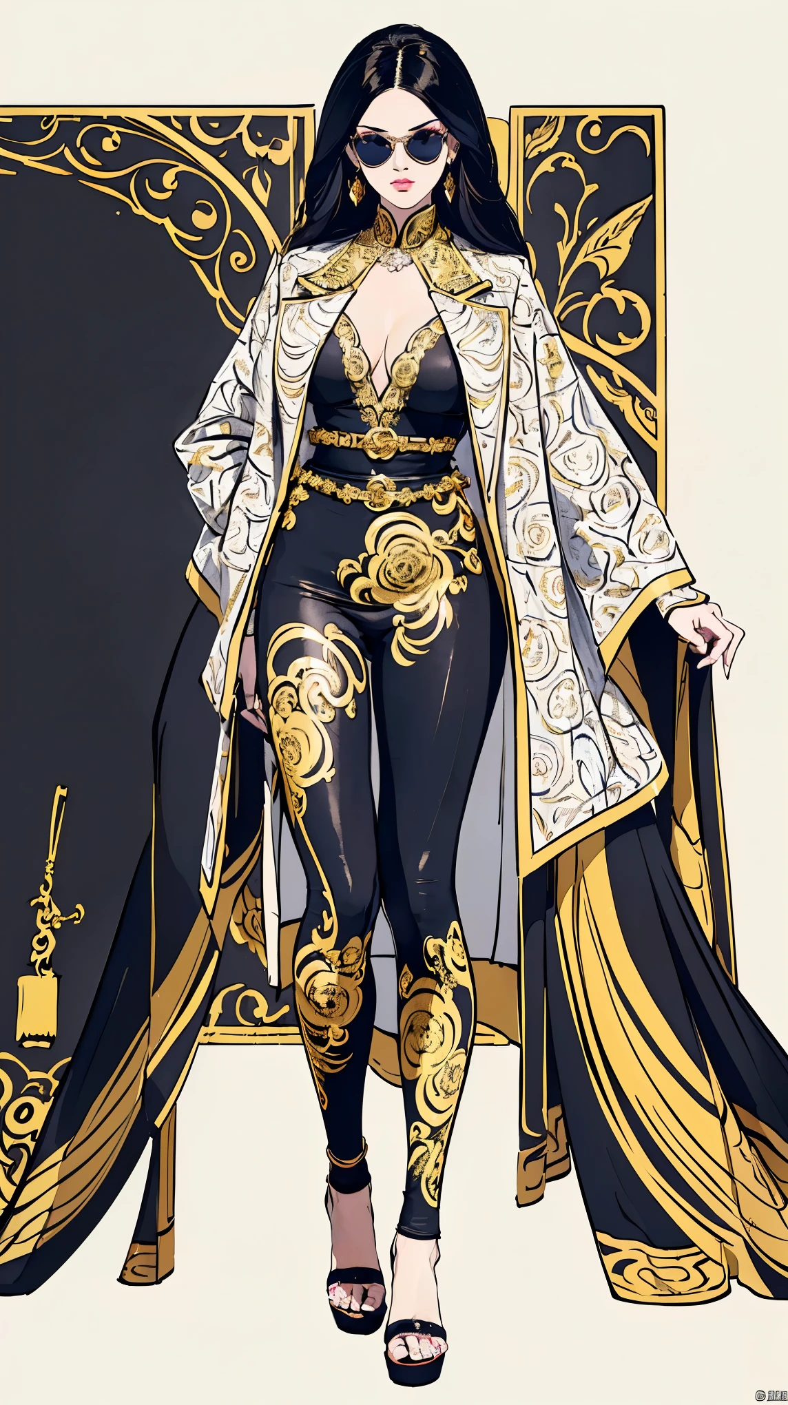 ((best quality,4k,highres,masterpiece:1.2)),((character concept art)), 1 female, age 25, Chinese Hong Kong, Hong Kong Elite, eldest sister, triad female leader, Known for her impeccable fashion sense and elegant demeanor, she is a true embodiment of the Versace brand. Her body language is as captivating as her style, always exuding confidence and high fashion. (((She's wearing an exquisite Versace Barocco-print Shirt in Silk and Barocco-print leggings gold-tone/white/black, a true testament to the brand's luxurious aesthetic.))) Paired with Versace Medusa Tribute Sandals, she carries her ensemble with an air of effortless sophistication. Her accessories include a Versace Medusa Tribute Bag and a pair of Versace Tribute Sunglasses, enhancing her overall look. ((intricate detail)), super finely detailed hands, ultra finely detailed fingers(((ten fingers))), (standing still with confidently), (full body showcase), (show full body), (no logos on background), (no logo), ((plain background)), ((plain background)), (((empty background))).