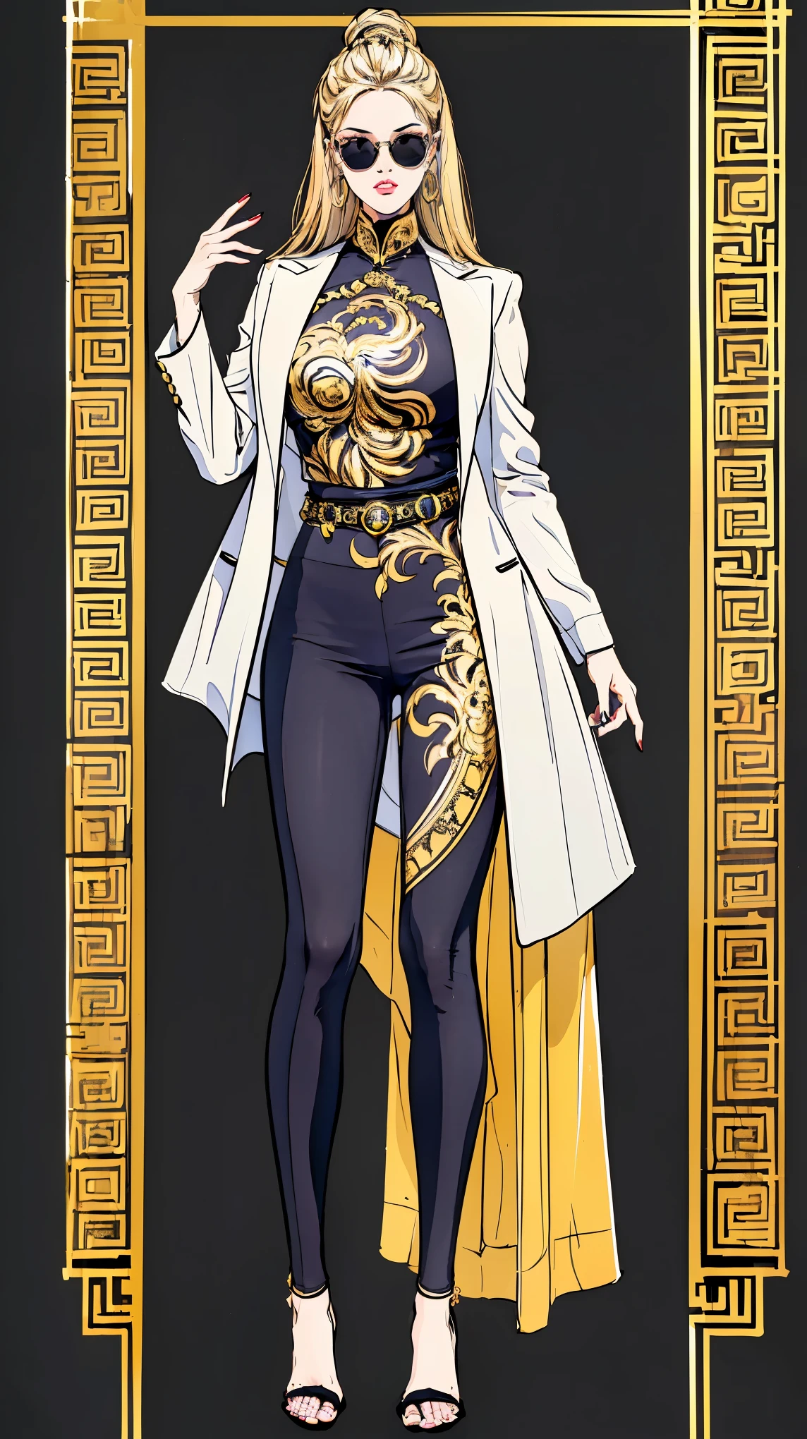 ((best quality,4k,highres,masterpiece:1.2)),((character concept art)), 1 female, age 25, Chinese Hong Kong, Hong Kong Elite, eldest sister, triad female leader, Known for her impeccable fashion sense and elegant demeanor, she is a true embodiment of the Versace brand. Her body language is as captivating as her style, always exuding confidence and high fashion. (((She's wearing an exquisite Versace Barocco-print Shirt in Silk and Barocco-print leggings gold-tone/white/black, a true testament to the brand's luxurious aesthetic.))) Paired with Versace Medusa Tribute Sandals, she carries her ensemble with an air of effortless sophistication. Her accessories include a Versace Medusa Tribute Bag and a pair of Versace Tribute Sunglasses, enhancing her overall look. ((intricate detail)), super finely detailed hands, ultra finely detailed fingers(((ten fingers))), (standing still with confidently), (full body showcase), (show full body), (no logos on background), (no logo), ((plain background)), ((plain background)), (((empty background))).