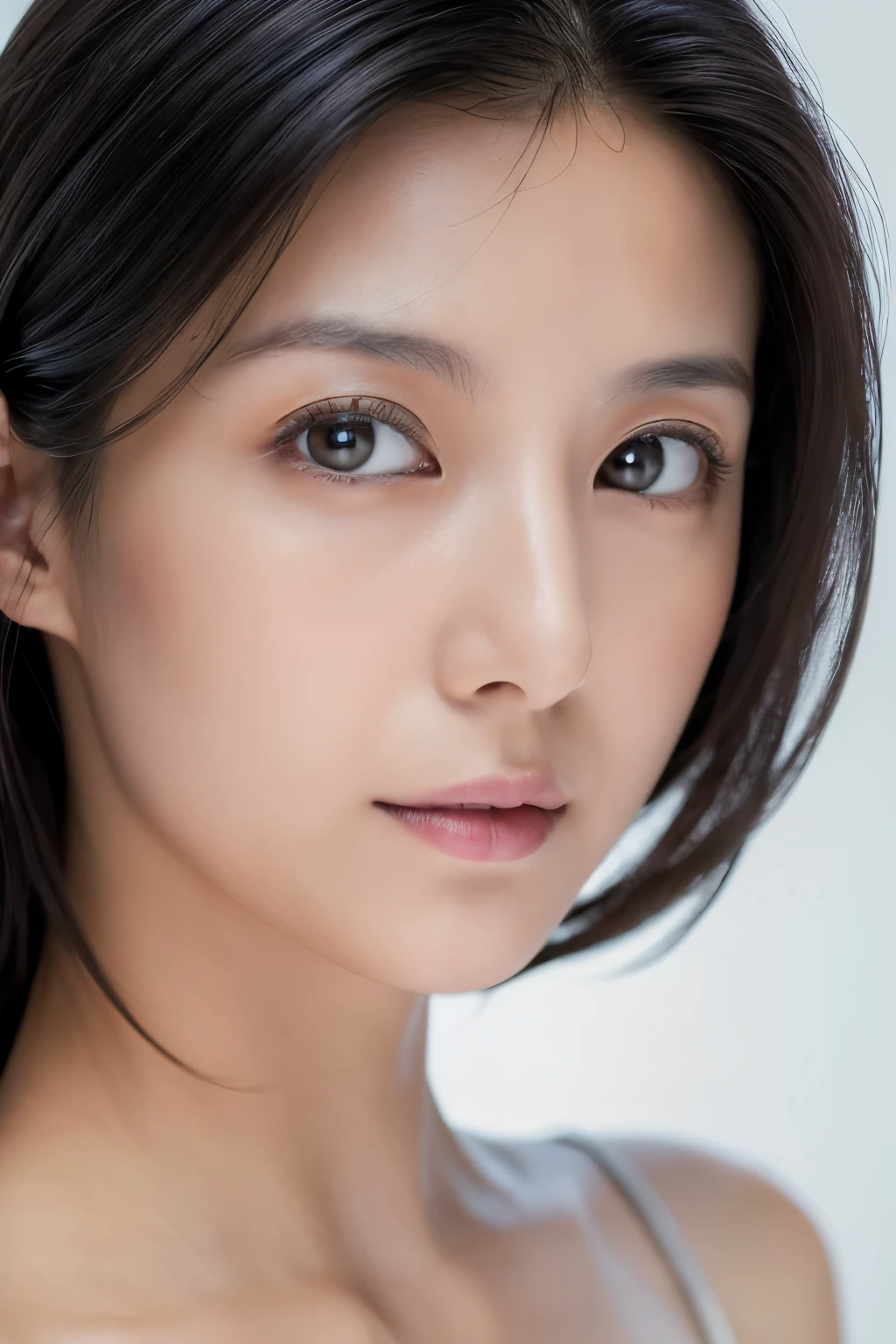 (masterpiece:1.3), (Photorealsitic, Raw photography, top-quality: 1.4), Skinny Japanese woman, 30 years old, (1girl in), (Lifelike face), detailed face, detailed eyes, (A dark-haired, Long hair:1.3), (real looking skin), (silver camisole), Ultra high resolution, A hyper-realistic, high-detail,
