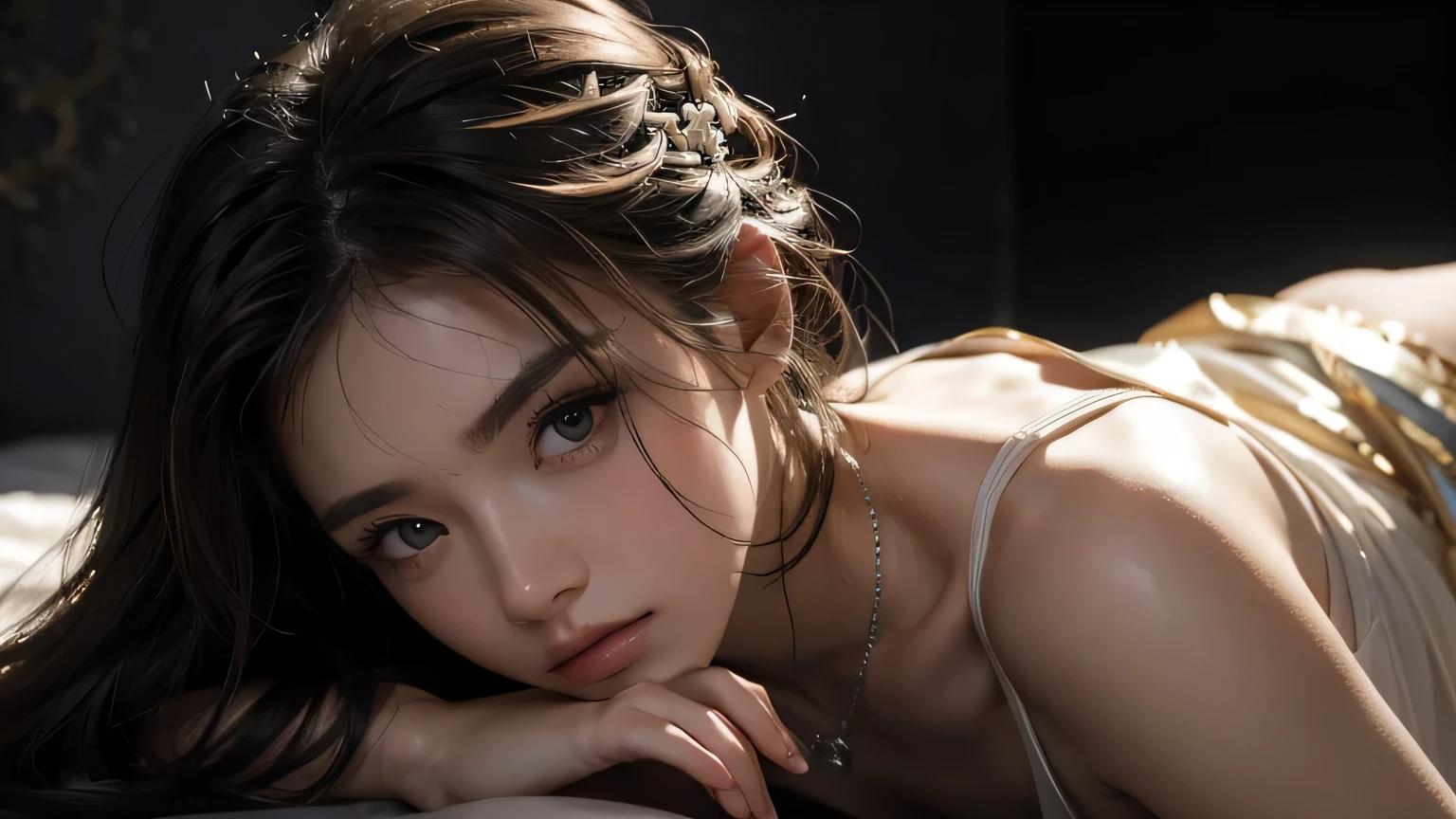 Best quality, masterpiece, high resolution, 1girl, porcelain dress, hair accessories, necklace, jewelry, beautiful face, on the body, Tyndall effect, realistic, dark studio, edge lighting, two-tone lighting, (high detail skin: 1.2), 8k UHD, dslr, soft light, high quality, volumetric light, candid, photo, high resolution, 4k, 8k, background blur,