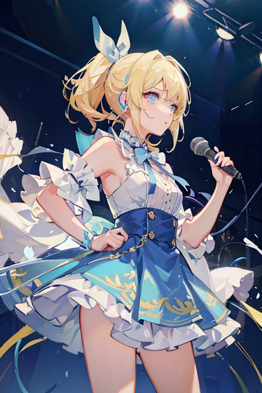 blonde ponytail Light blue ribbon pretty girl light blue dress microphone concert earphone